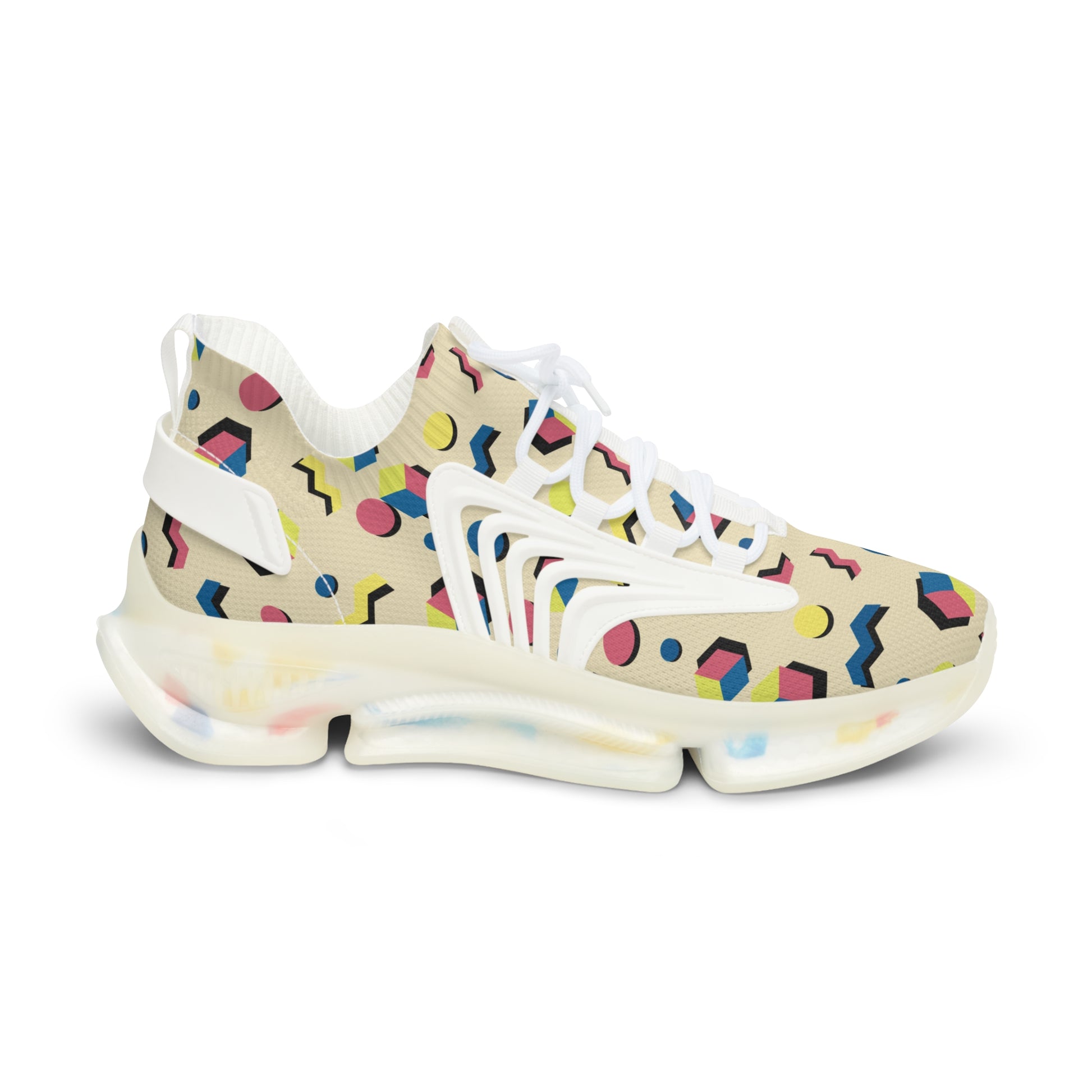 Men's retro geometric mesh sneakers, off-white with multicolor geometric print and side logo patch