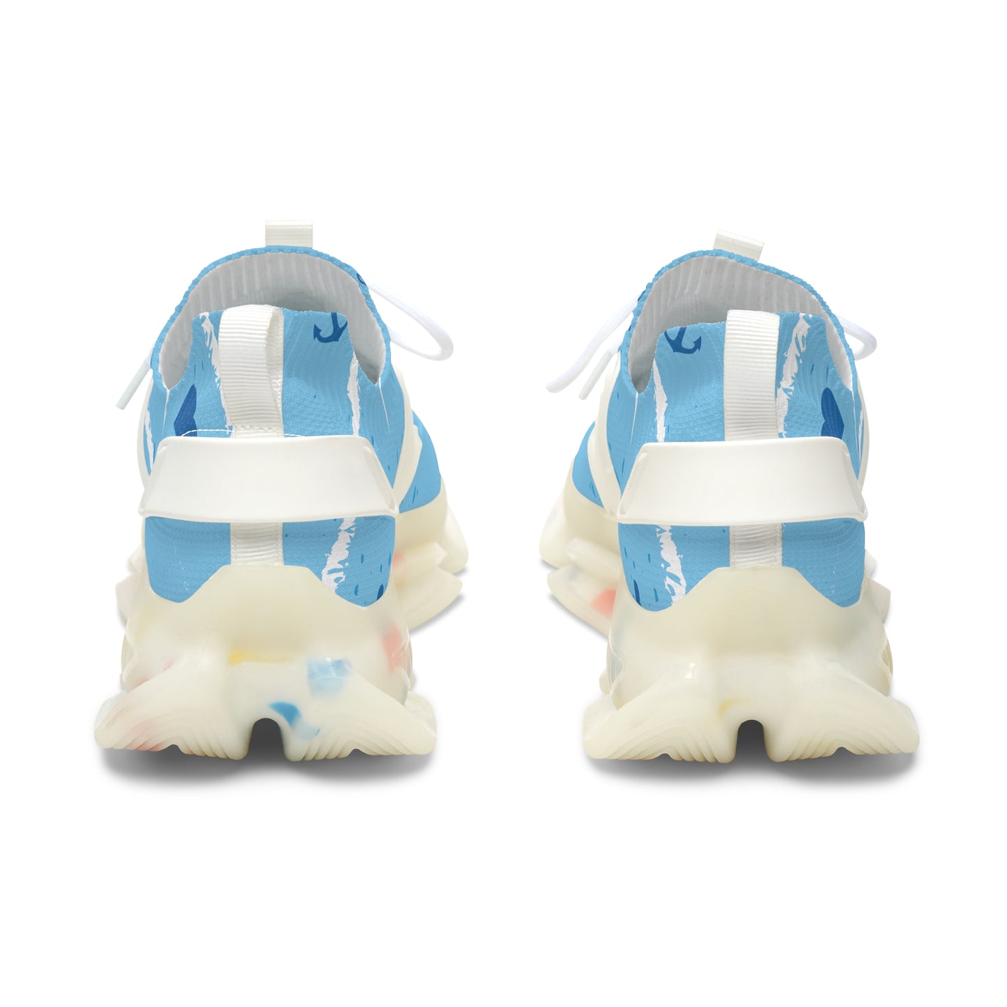 Light blue mesh sneakers from the heel with white laces and chunky white outsole