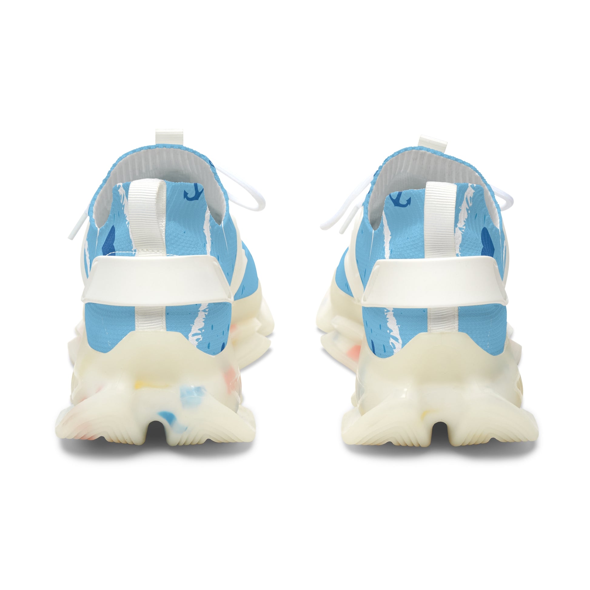 Light blue mesh sneakers from the heel with white laces and chunky white outsole
