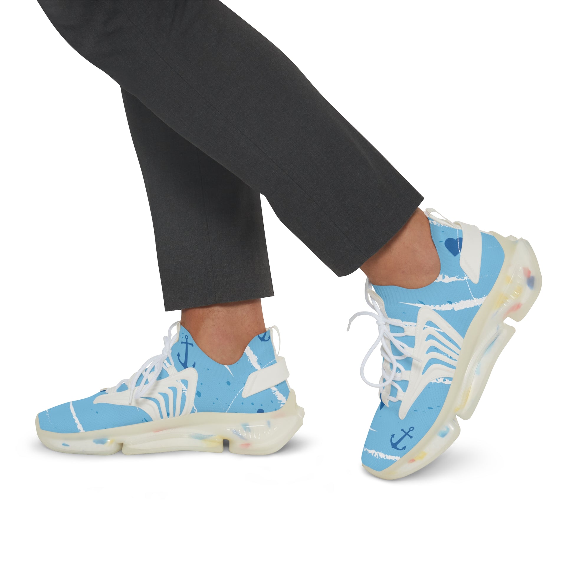 Men's light blue mesh sneakers worn with dark pants; front and side view.