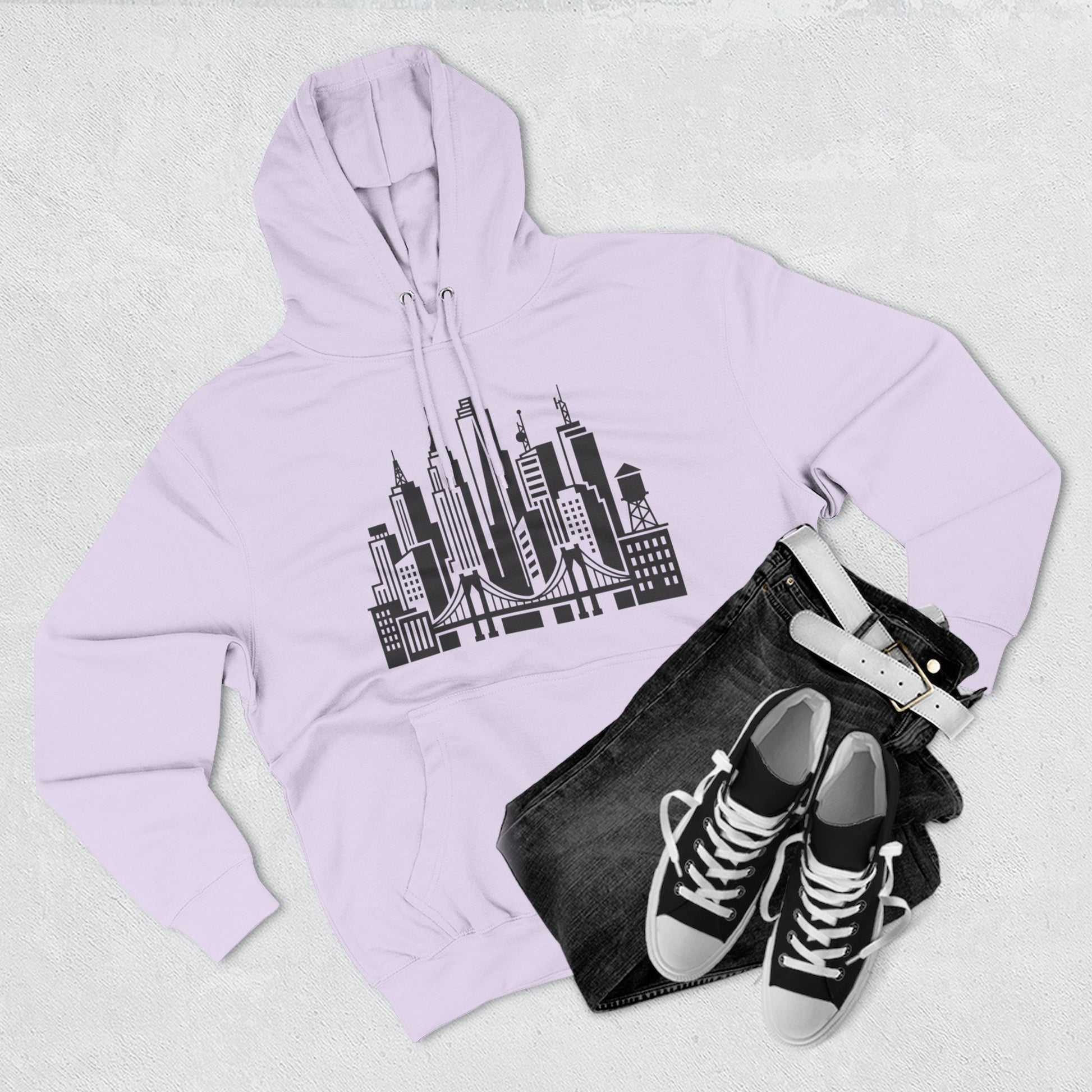 Lilac pullover hoodie with black skyline bridge graphic and front kangaroo pocket