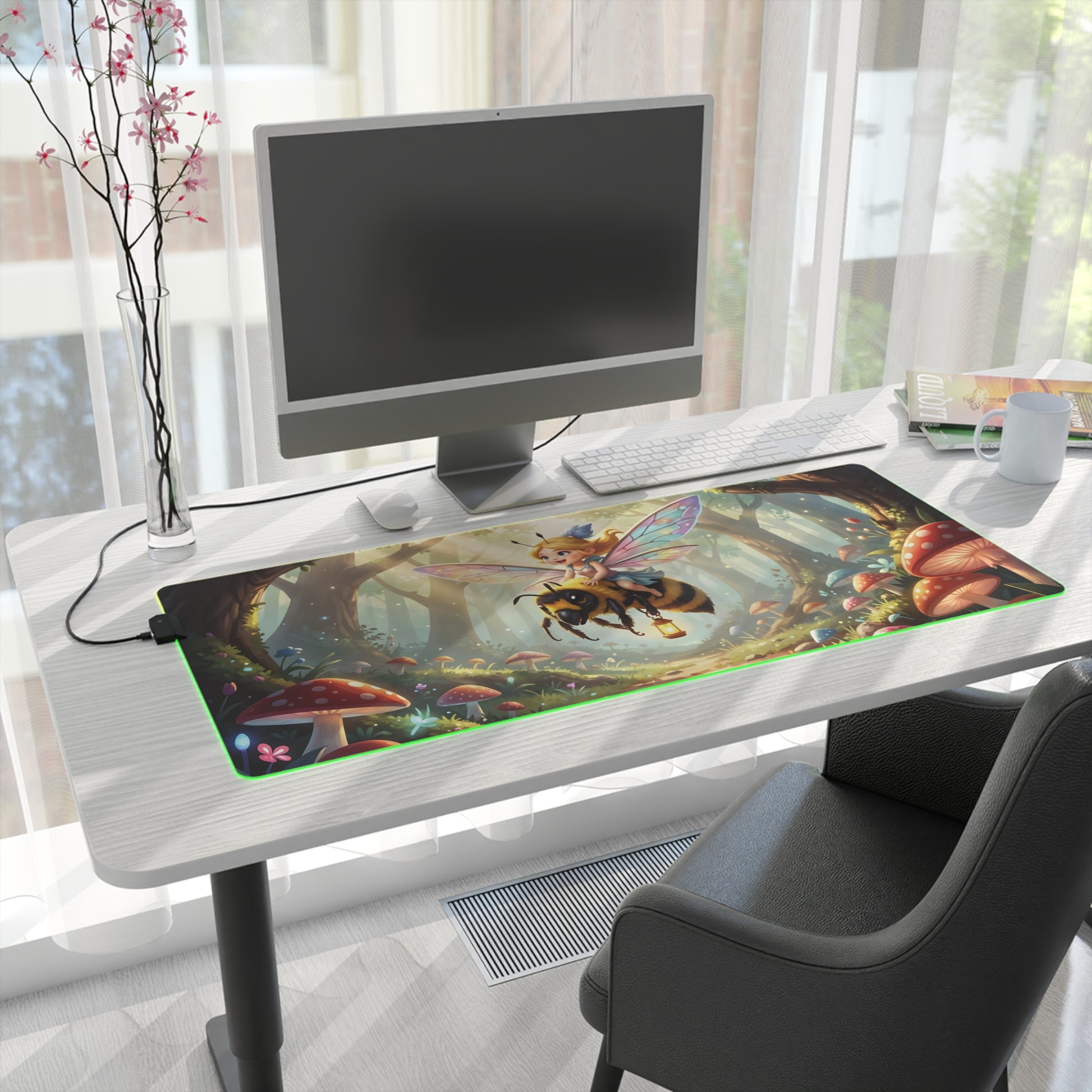 LED gaming mouse pad with fairy bee forest graphic on a white desk