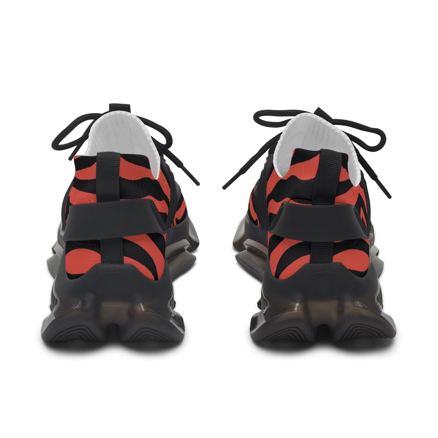 Women's red-and-black zebra mesh sneakers, rear view with black heel and lace loops
