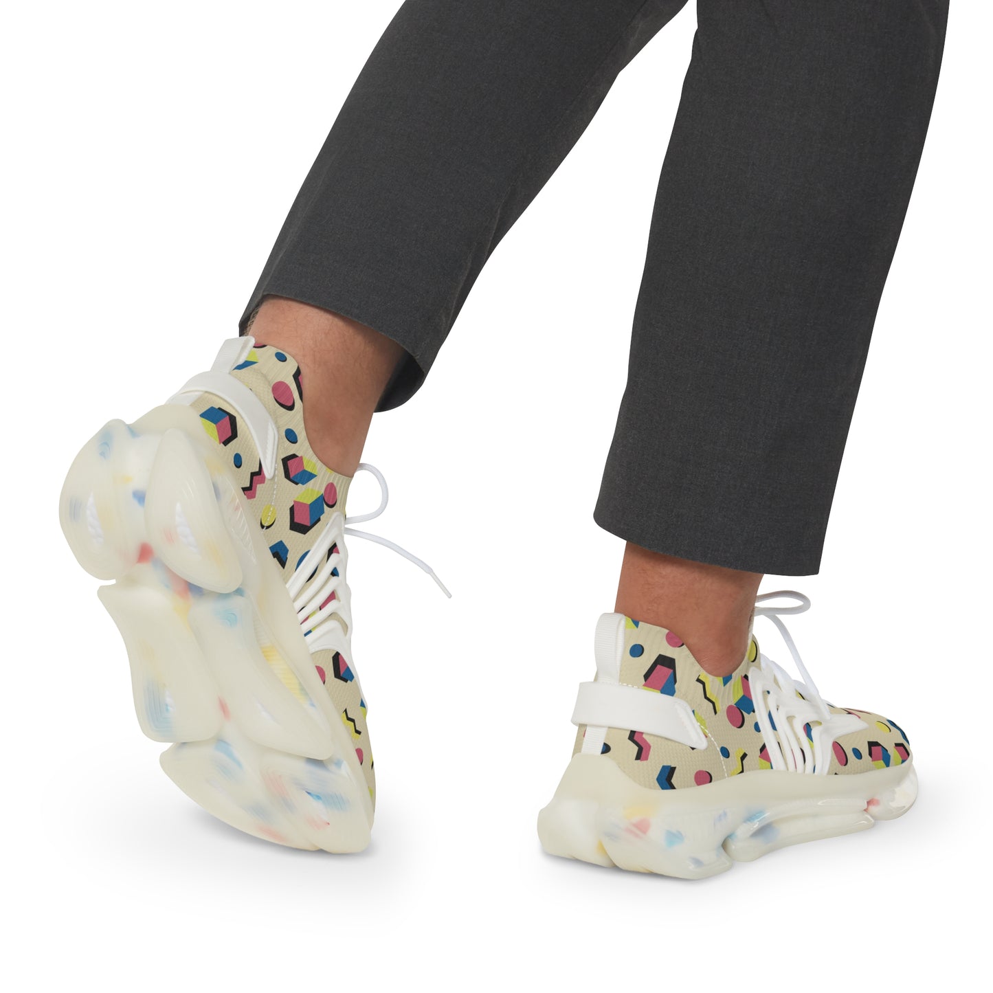 Men's geometric mesh sneakers with multicolor Memphis pattern and white sole