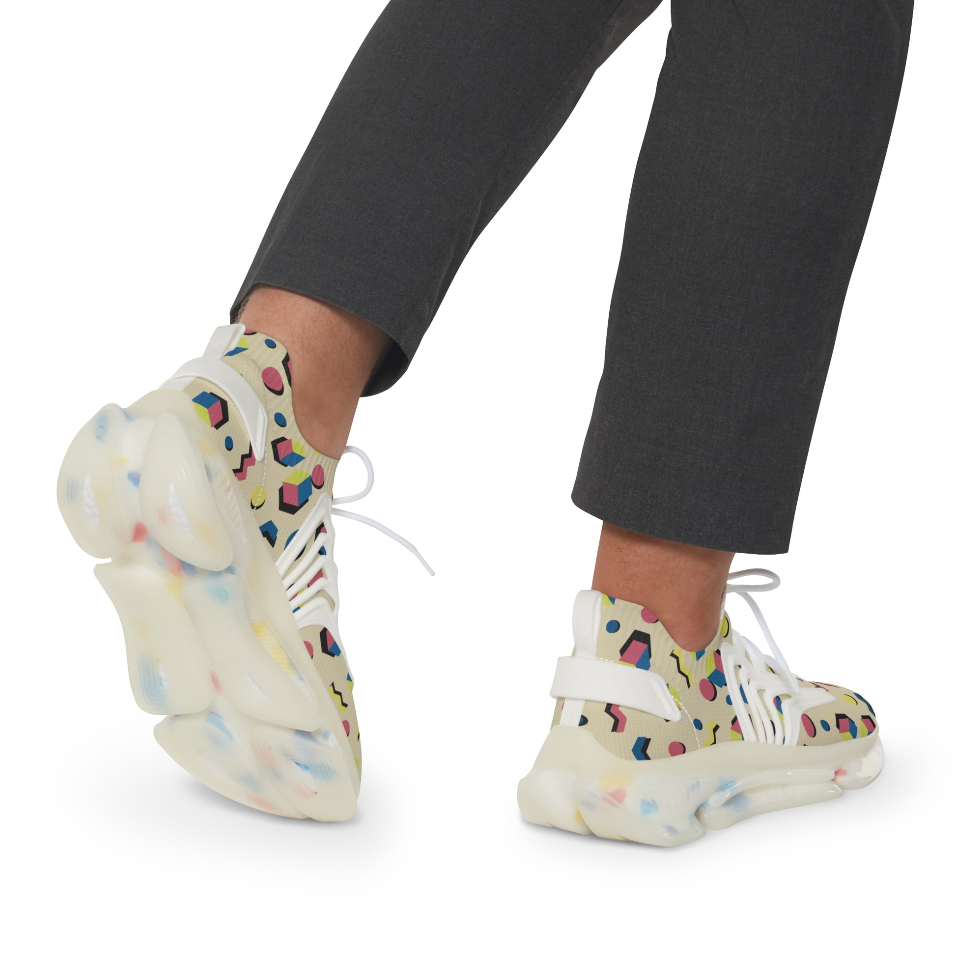 Men's geometric mesh sneakers with multicolor Memphis pattern and white sole