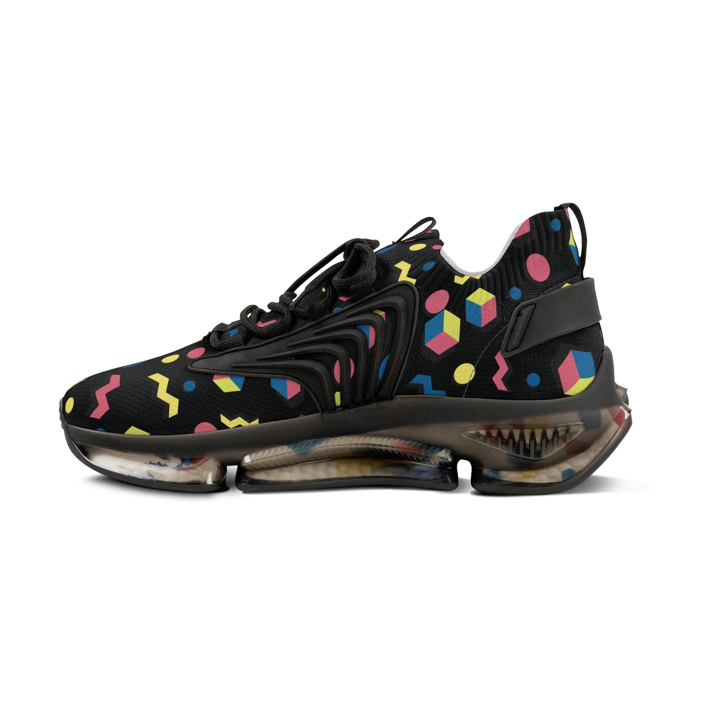 Men's lace-up geometric mesh sneakers, black upper with colorful geometric print