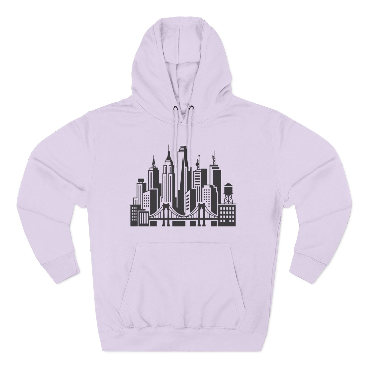 Lilac unisex pullover hoodie with city skyline and bridge graphic on back