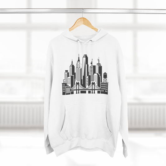 White unisex pullover hoodie with city skyline and bridge graphic on front pouch