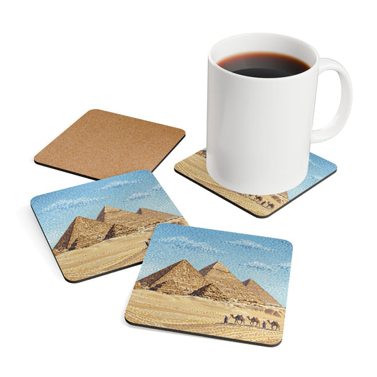 Square cork drink coaster set with Egyptian pyramids and caravan print, blue and tan design