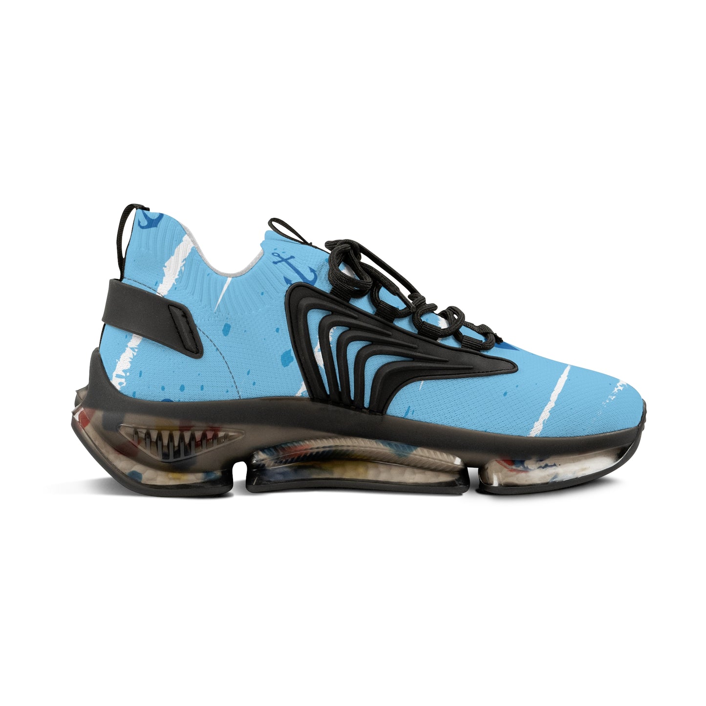 Men's light blue mesh sneakers with black laces and side panel stripes, black sole