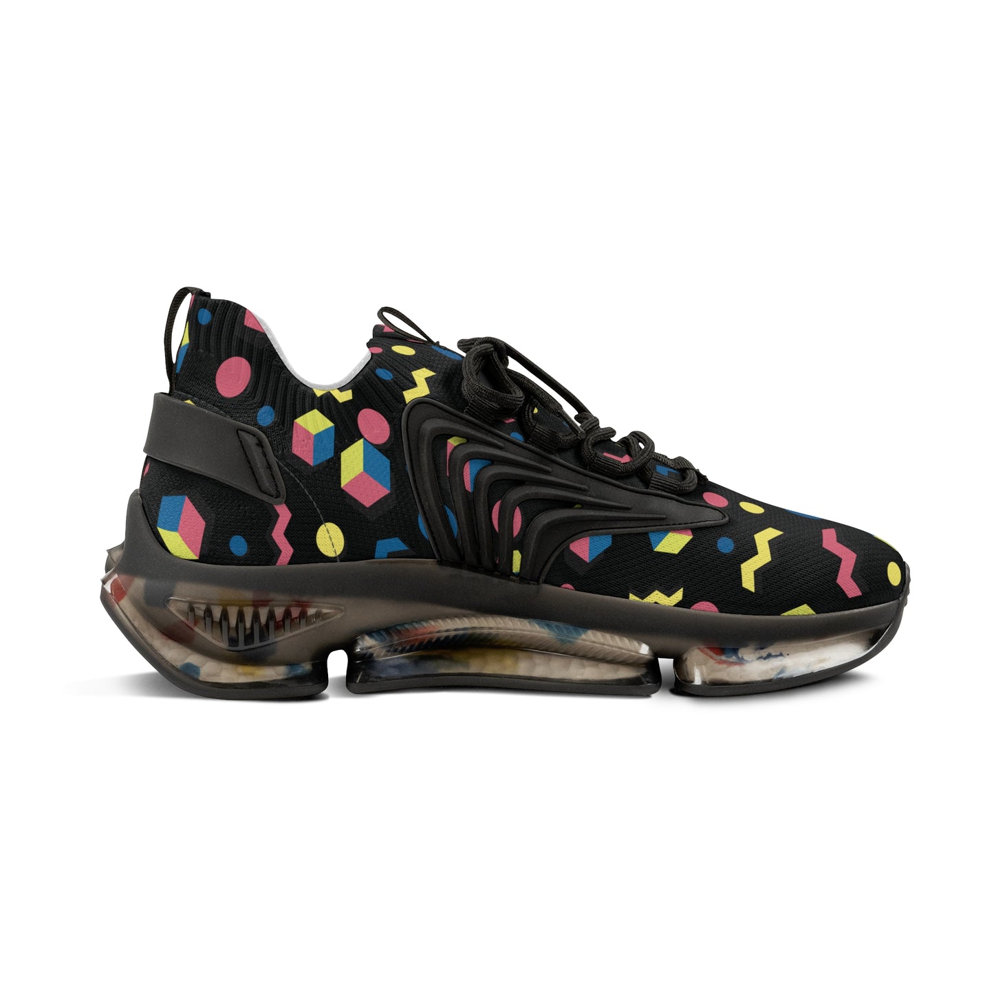 Men's lace-up geometric mesh sneakers in black with colorful 90s pattern