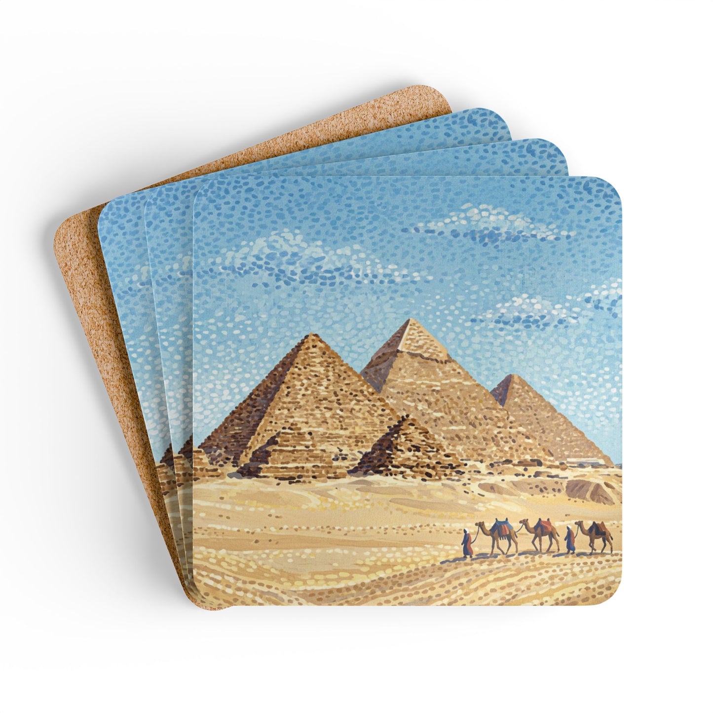 Stacked square cork drink coasters with Egyptian pyramids and desert caravan print, blue and tan