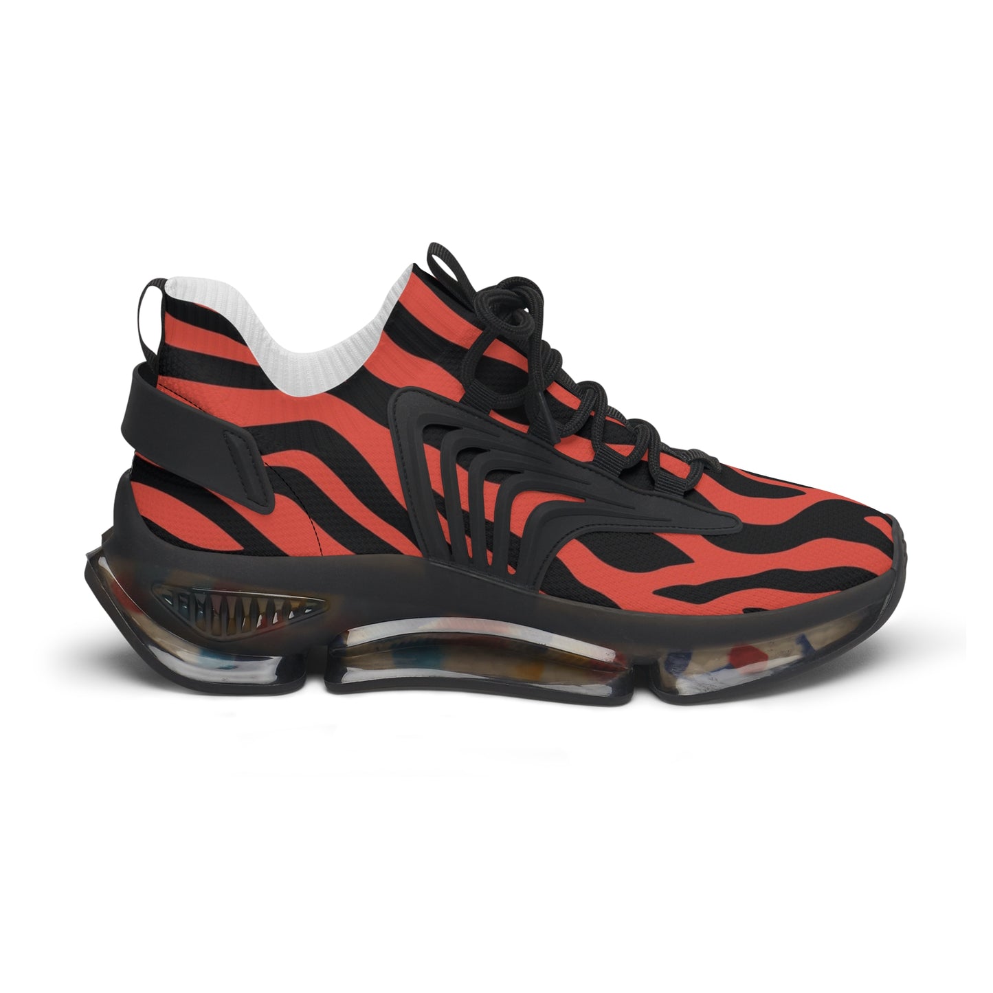 Women's red-and-black zebra mesh sneakers with black laces and cushioned clear sole