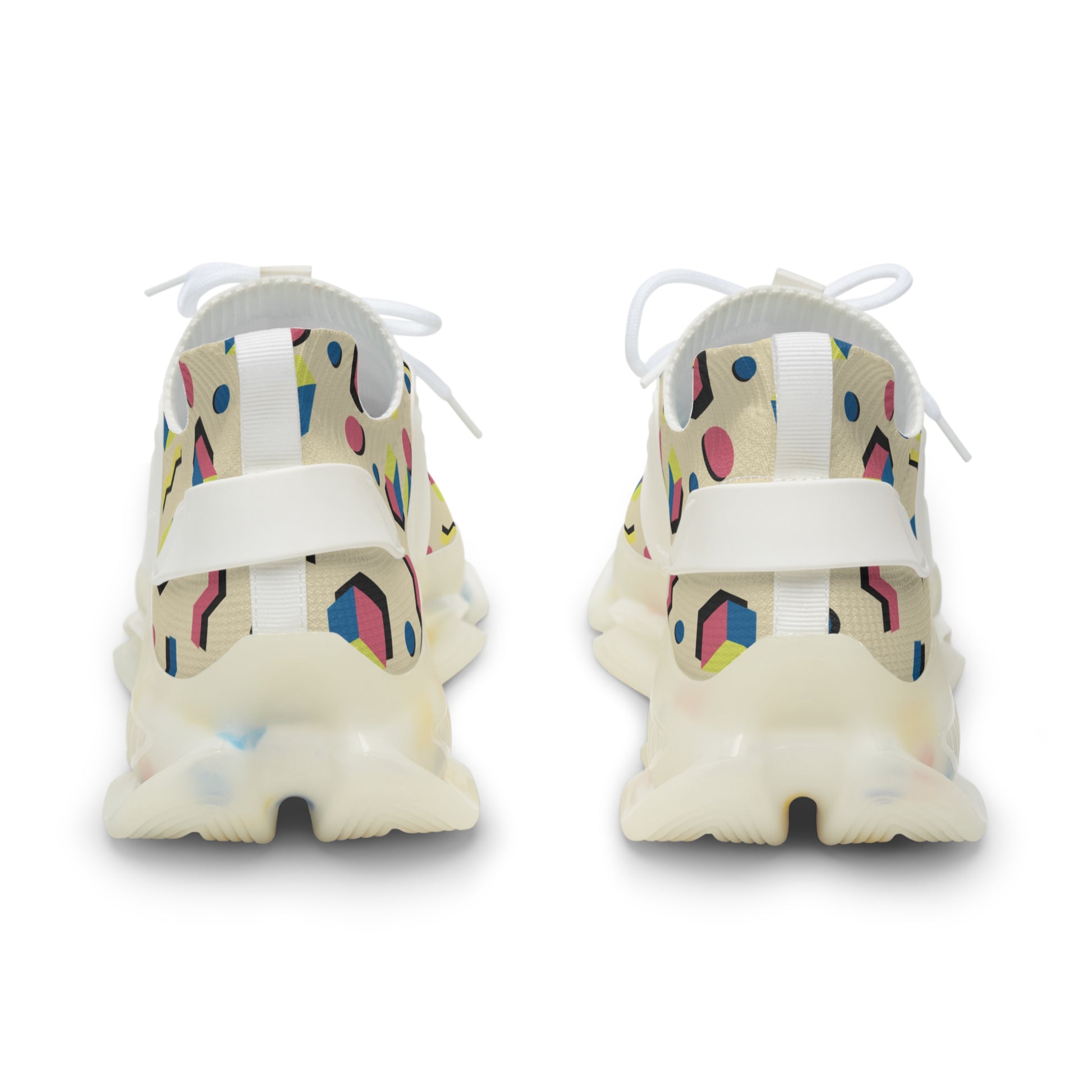 Men's retro geometric mesh sneakers, off-white heel and toe with multicolor geometric print