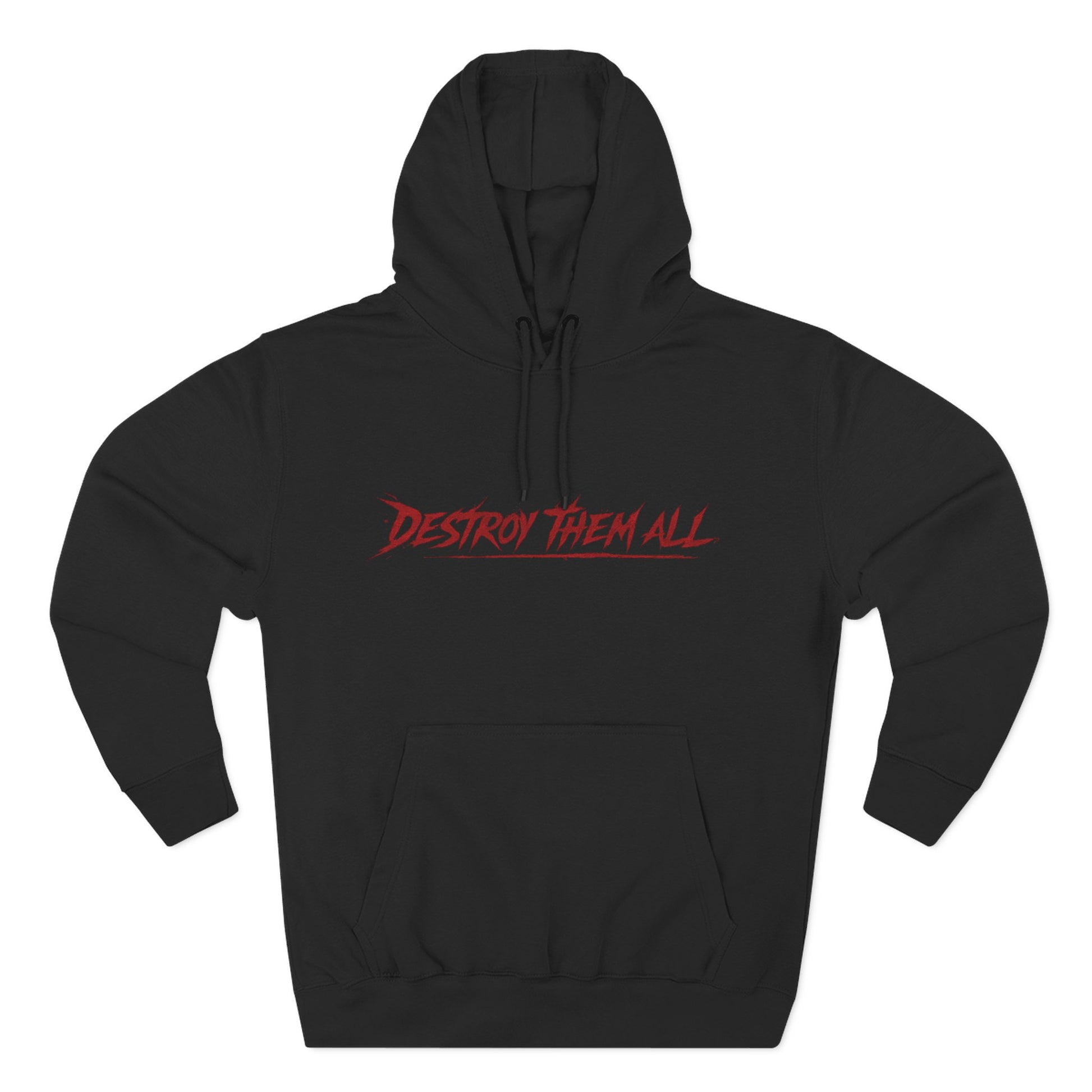 Black unisex hoodie, back view with red logo and kangaroo pocket