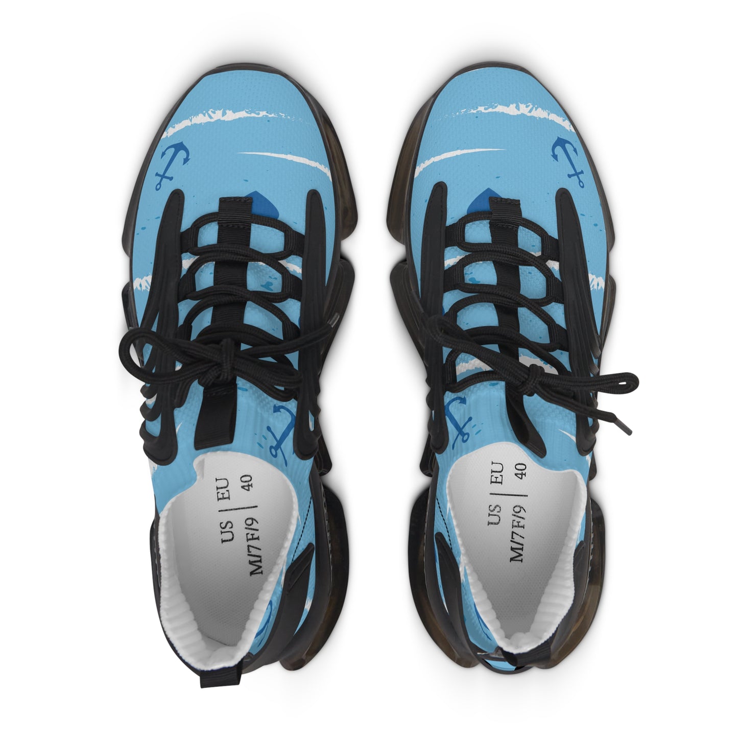 Pair of light blue mesh sneakers with black laces and dark cushioned outsole