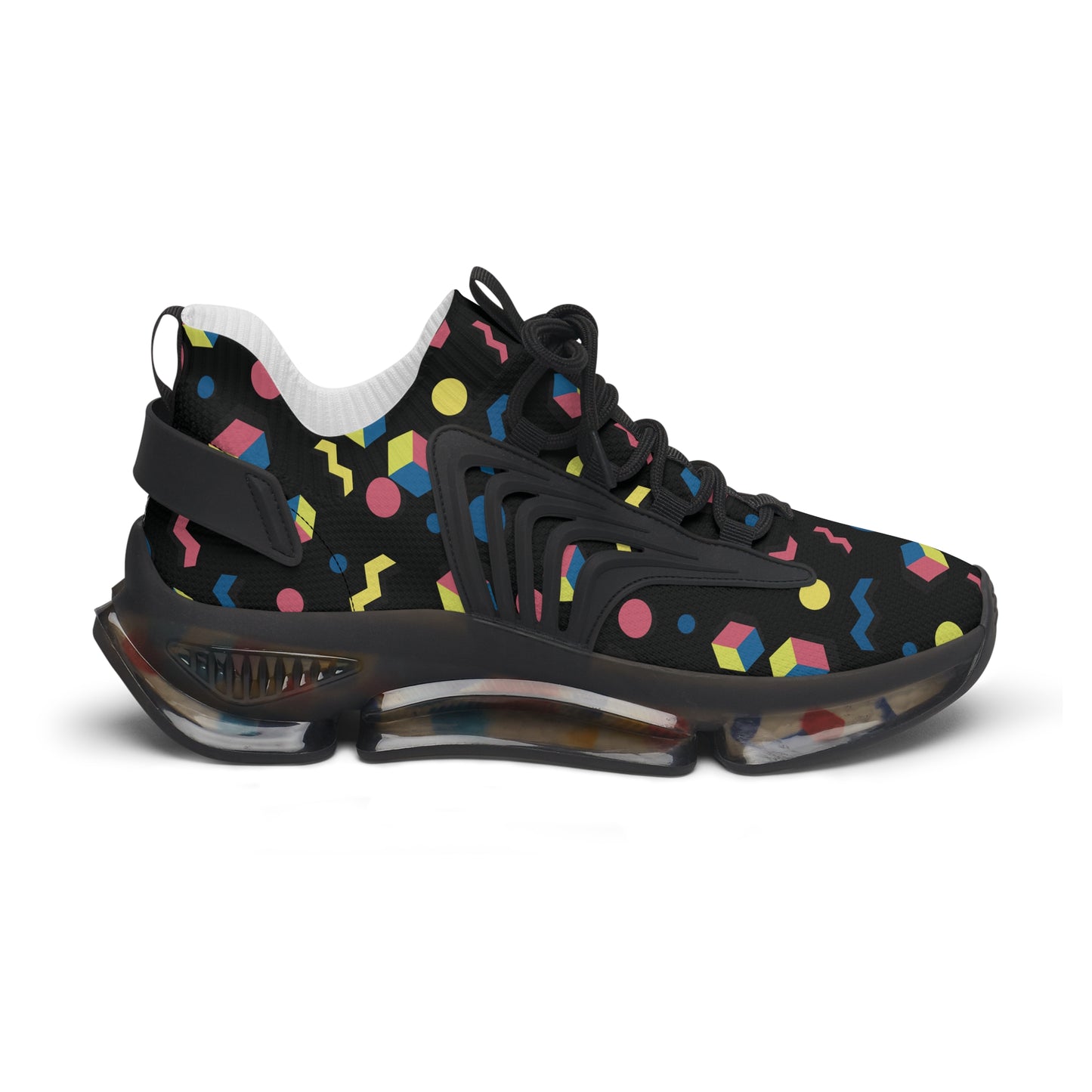 Women's black mesh sneakers with multicolor geometric print, angled front view