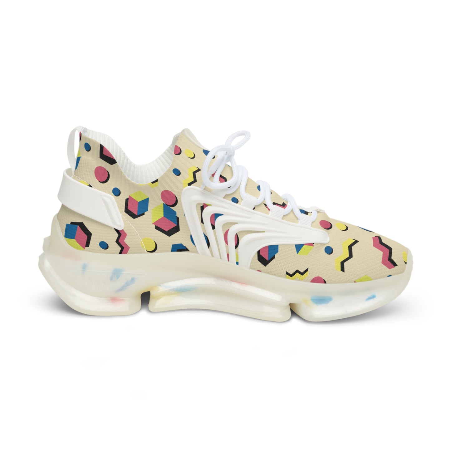 Men's retro geometric mesh sneakers, off-white mesh with colorful geometric pattern and chunky sole