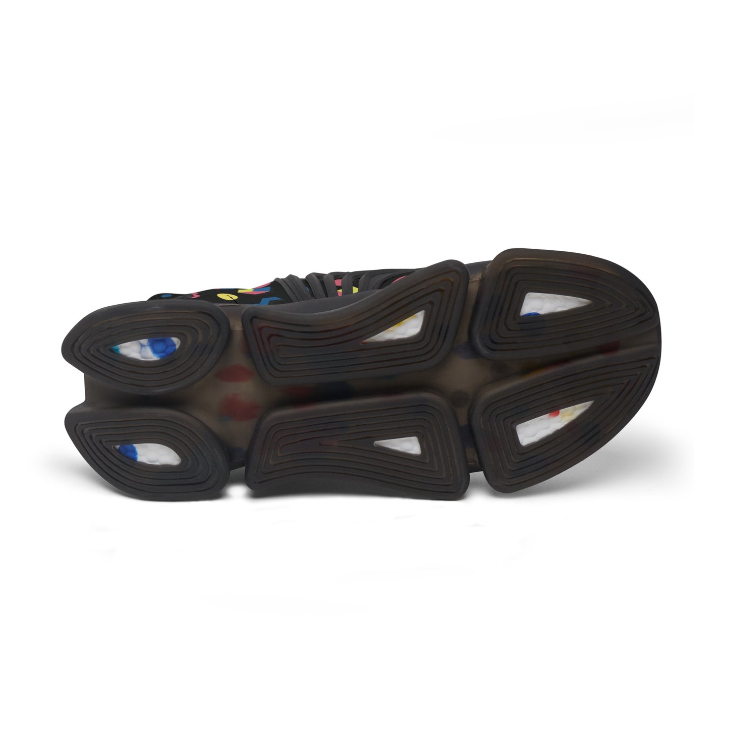 Women's sneaker outsoles with textured tread, black rubber with blue highlights