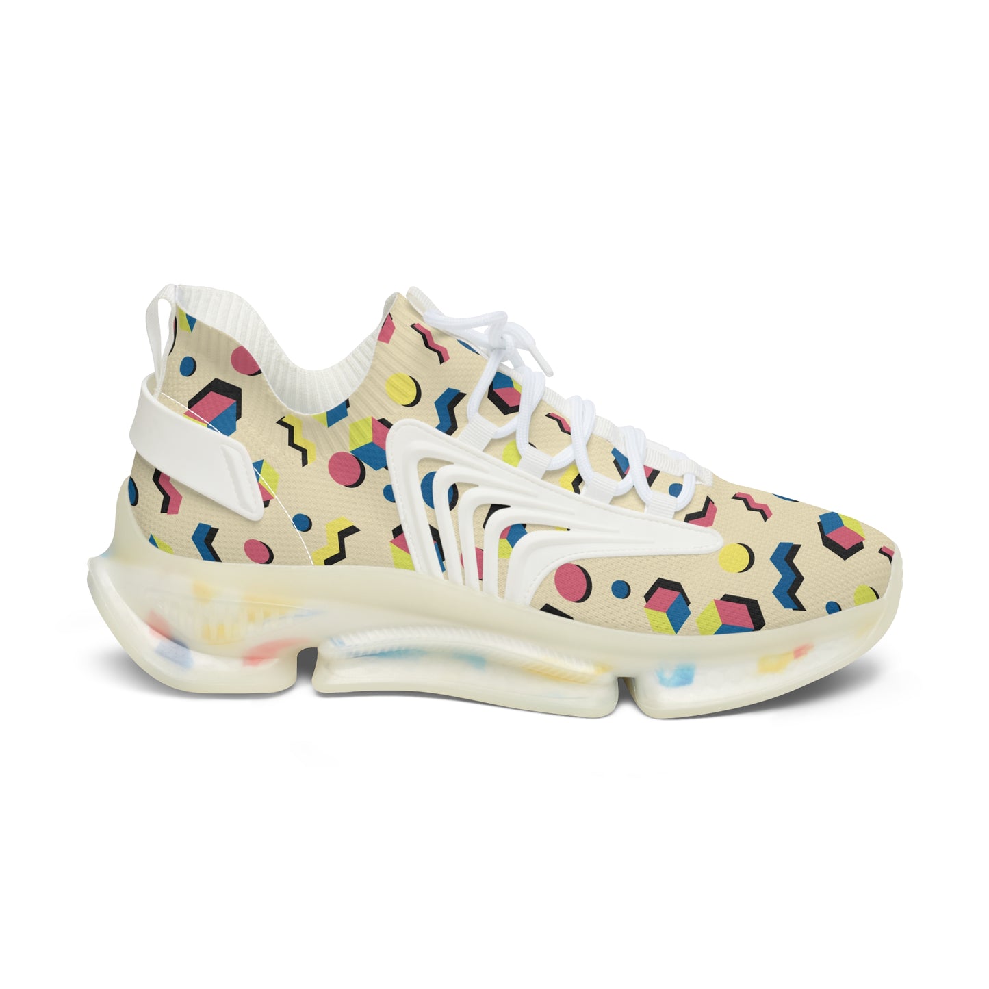 Geometric mesh sneakers with white laces and chunky sole, three-quarter view