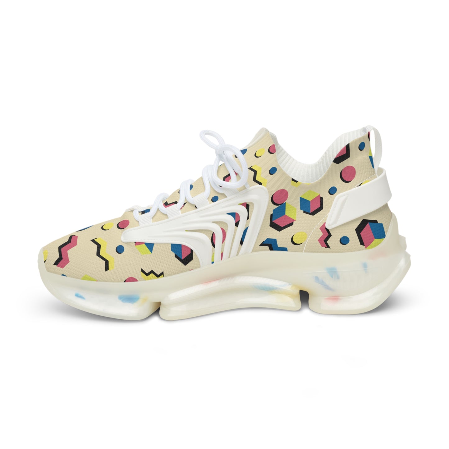 Men's retro geometric mesh sneakers, off-white mesh with multicolor pattern and padded collar
