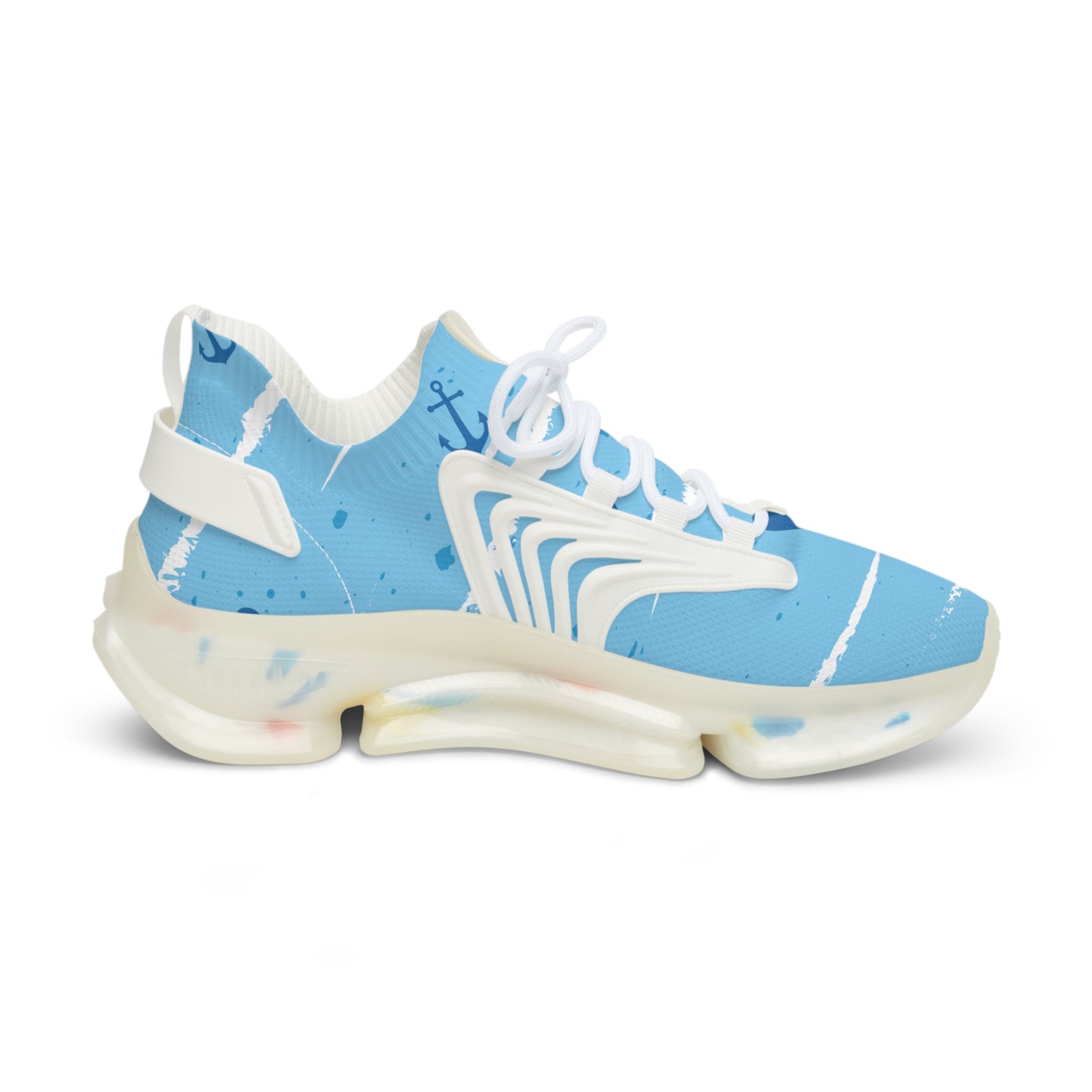 Light blue and white mesh sneakers with anchor print and chunky cushioned sole.