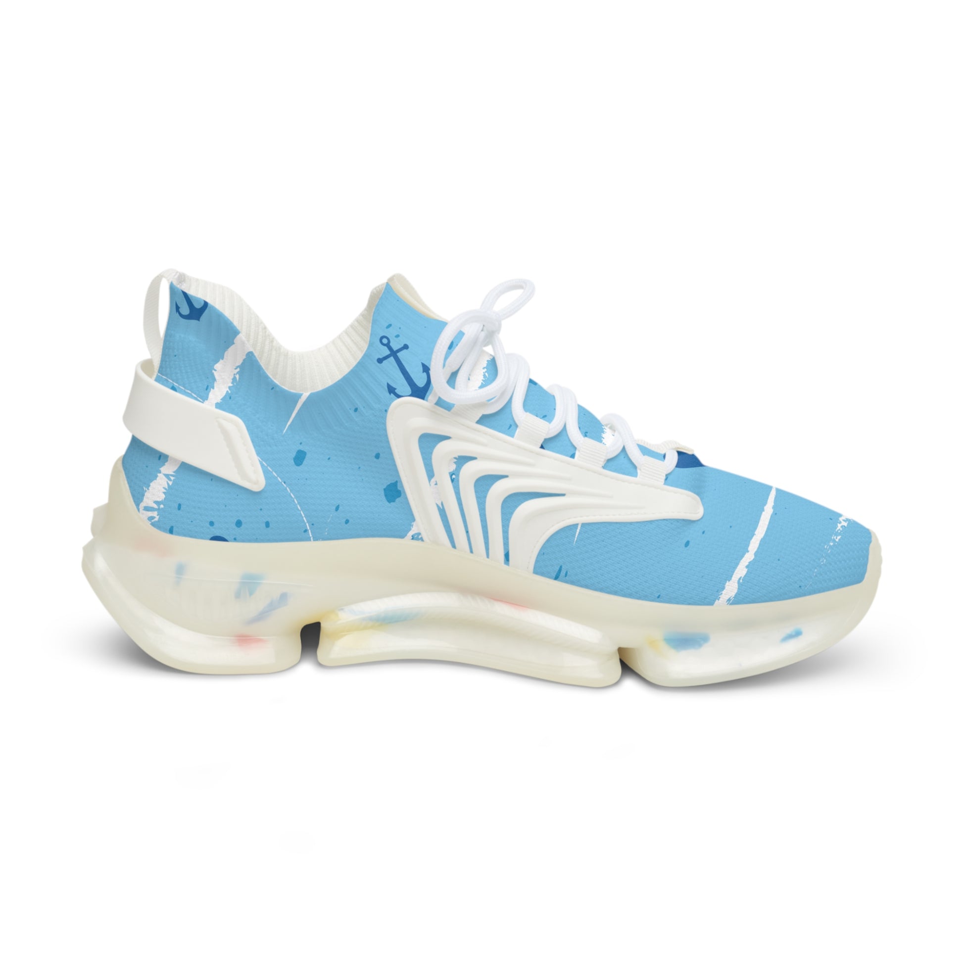 Light blue and white mesh sneakers with anchor print and chunky cushioned sole.