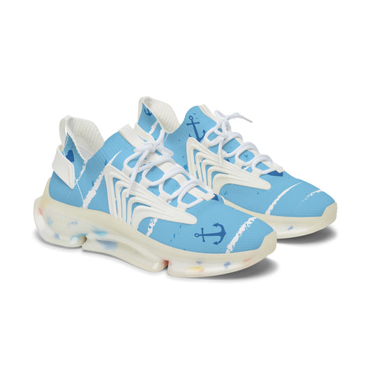Light blue mesh athletic sneakers with white laces and white patterned outsole
