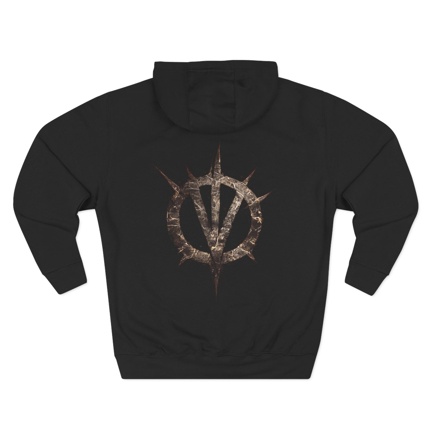 Black unisex hoodie, back view with gold-and-red circular emblem and kangaroo pocket