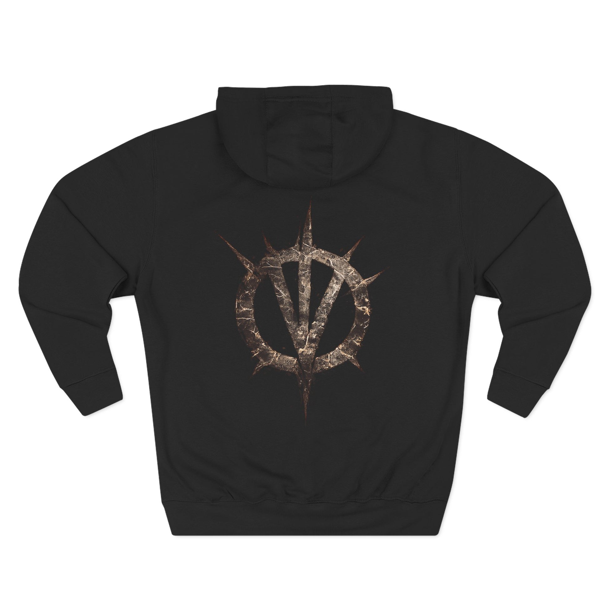 Black unisex hoodie, back view with gold-and-red circular emblem and kangaroo pocket