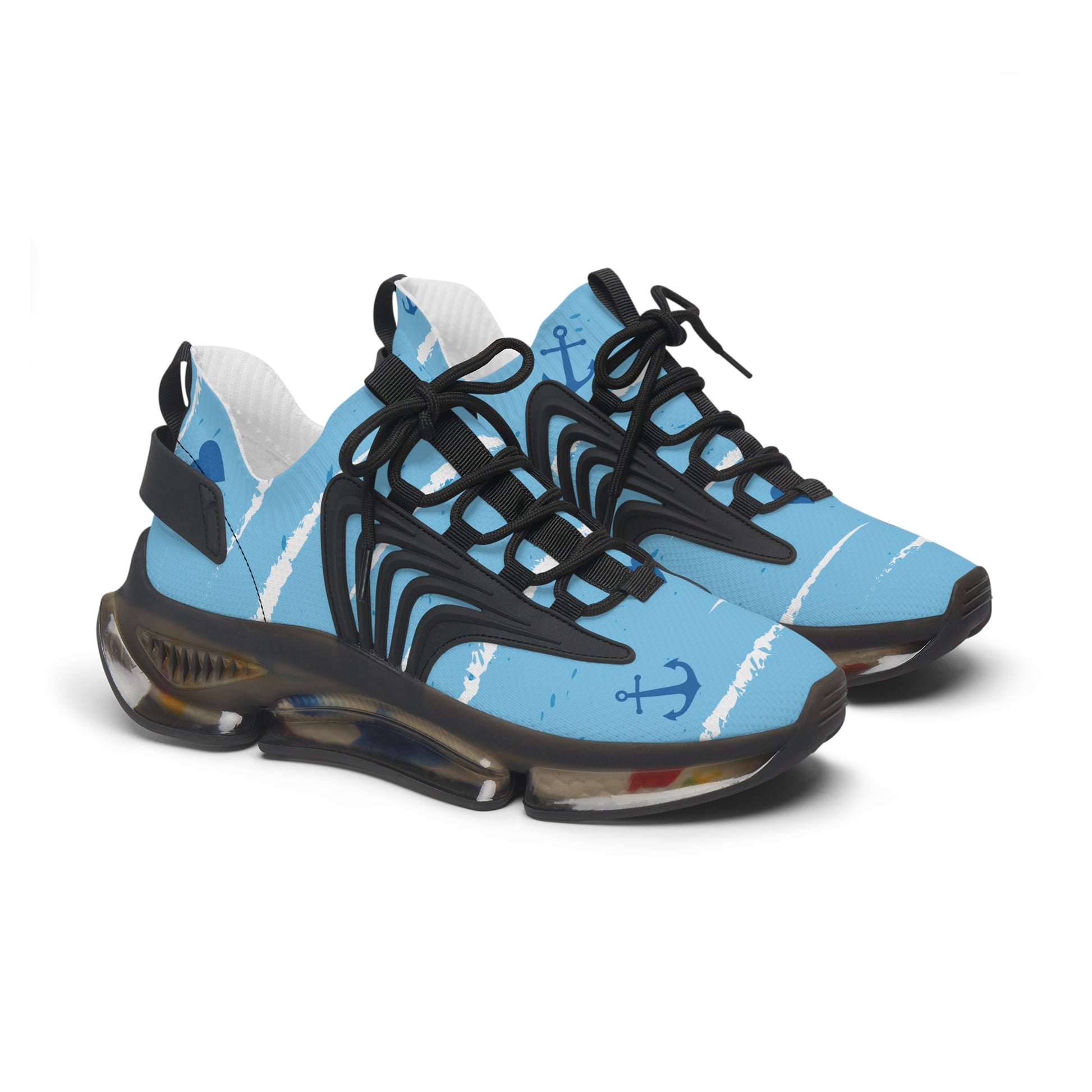 Light blue mesh athletic sneakers with black laces and dark patterned outsole