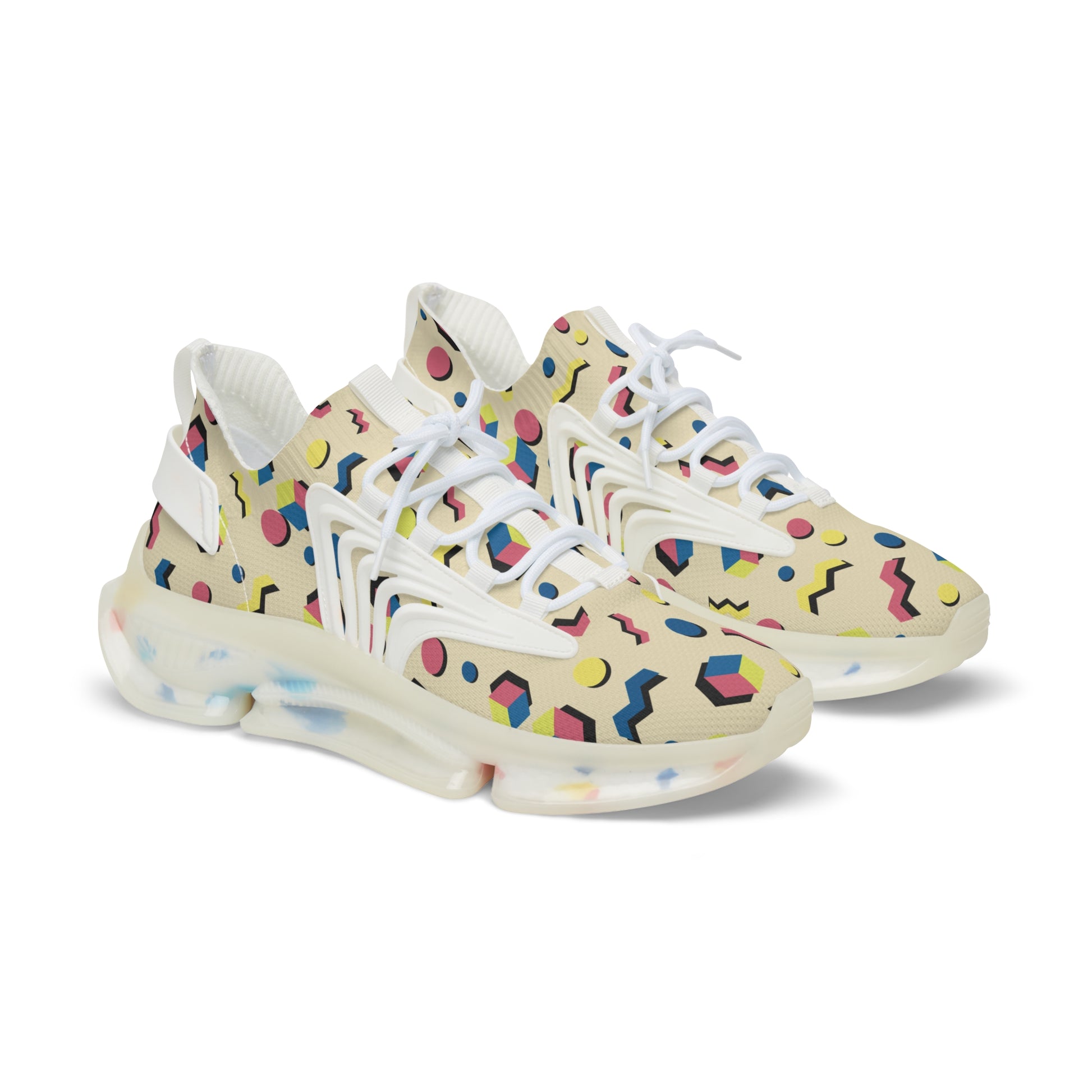 Men's retro geometric mesh sneakers, off-white upper with multicolor geometric print and thick sole