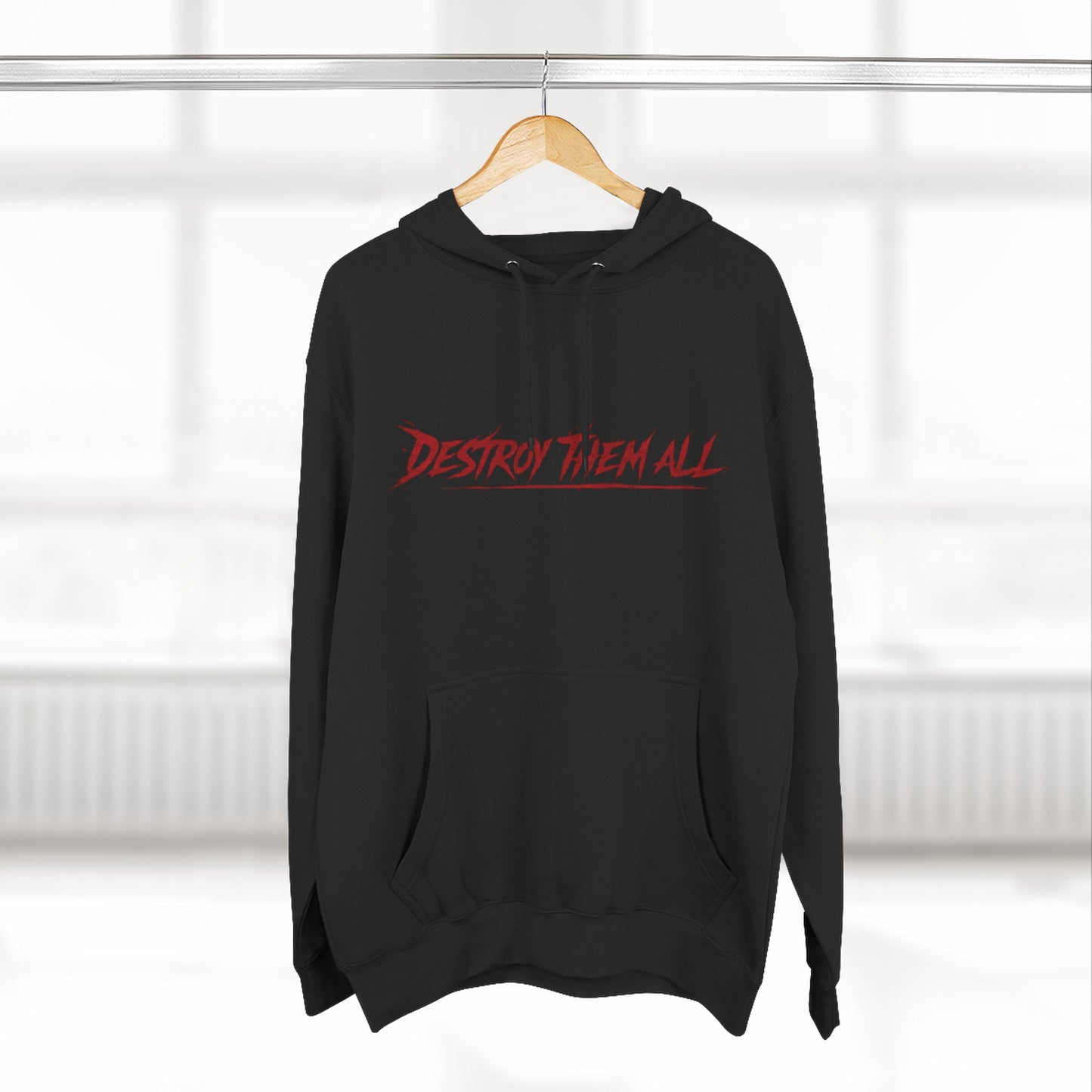 Black unisex hoodie on hanger, front view with red logo and drawstring hood