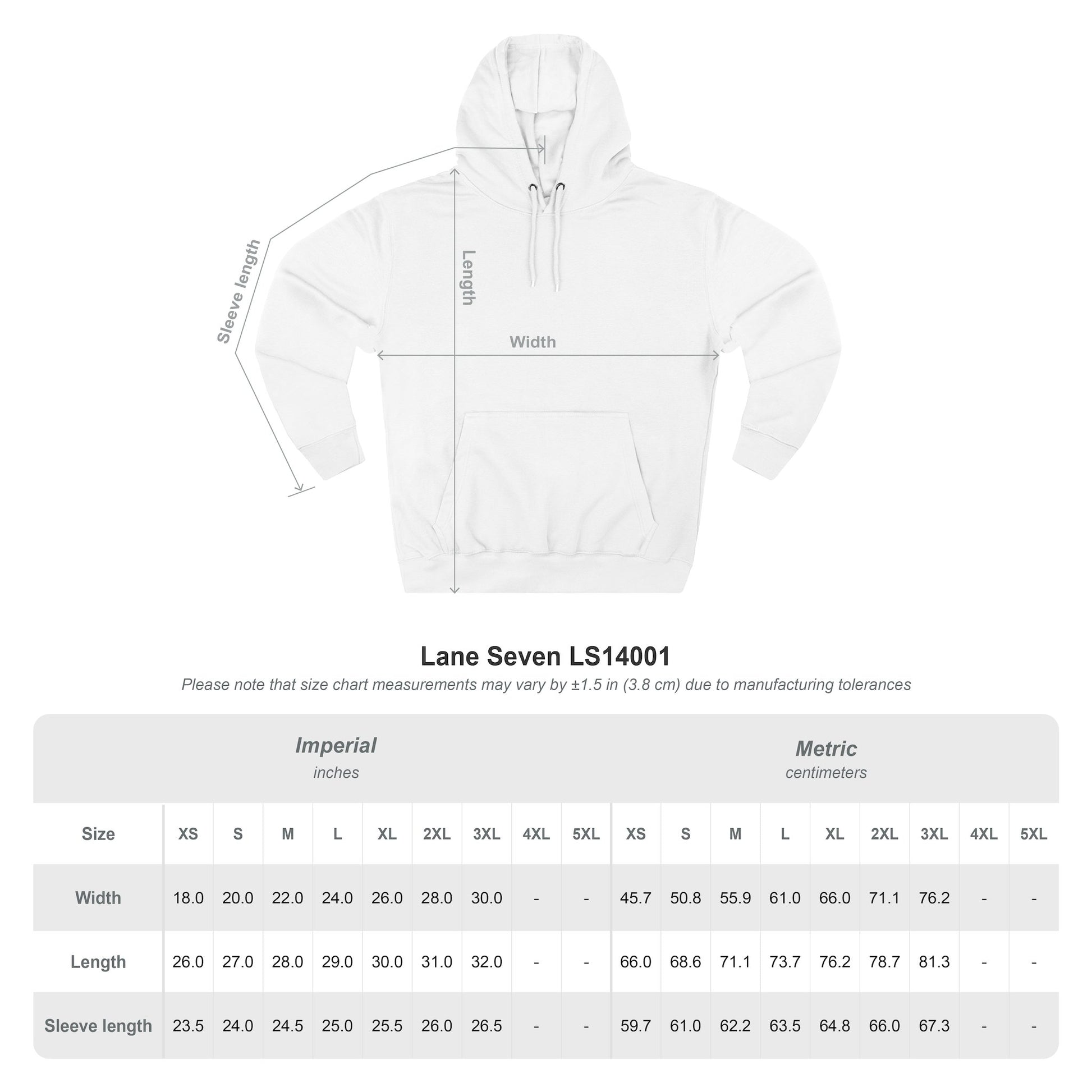 White pullover hoodie with drawstring hood; size chart measurements on white background