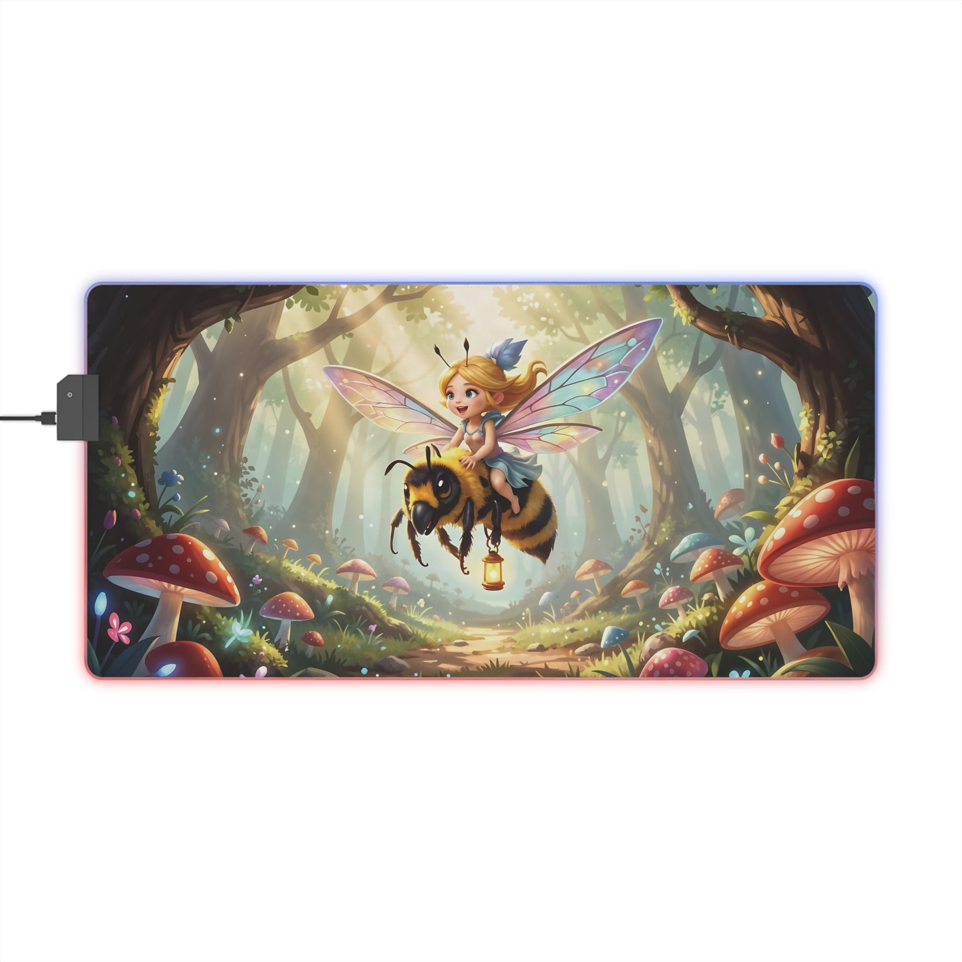 Rectangle LED gaming mouse pad with fairy bee forest scene and glowing RGB rim