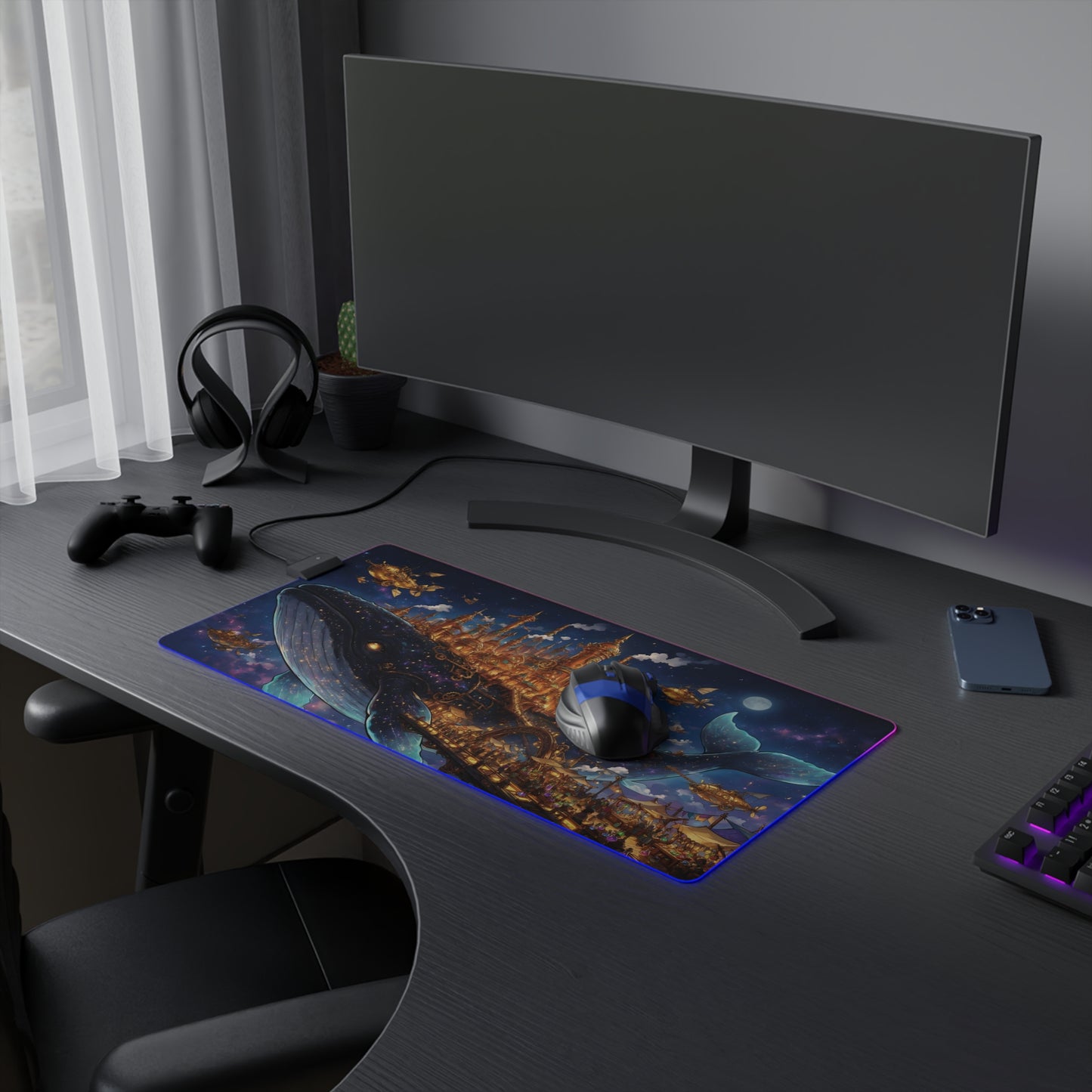 LED Gaming Mouse Pad - Fantasy Whale City RGB Desk Mat for Gamers