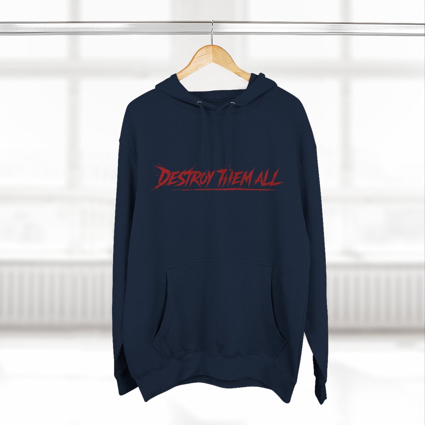 Navy unisex pullover hoodie with front kangaroo pocket and red chest graphic