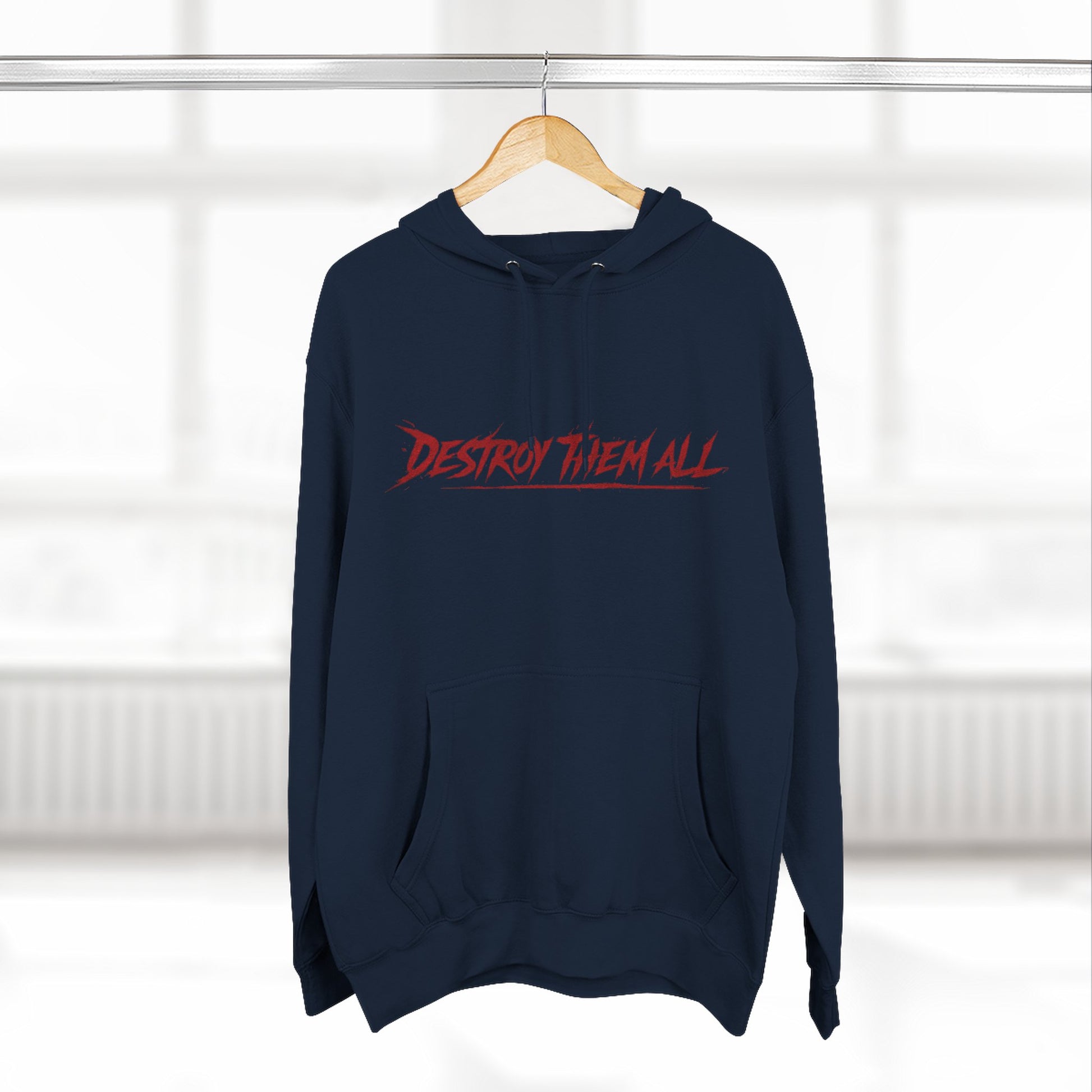 Navy unisex pullover hoodie with front kangaroo pocket and red chest graphic