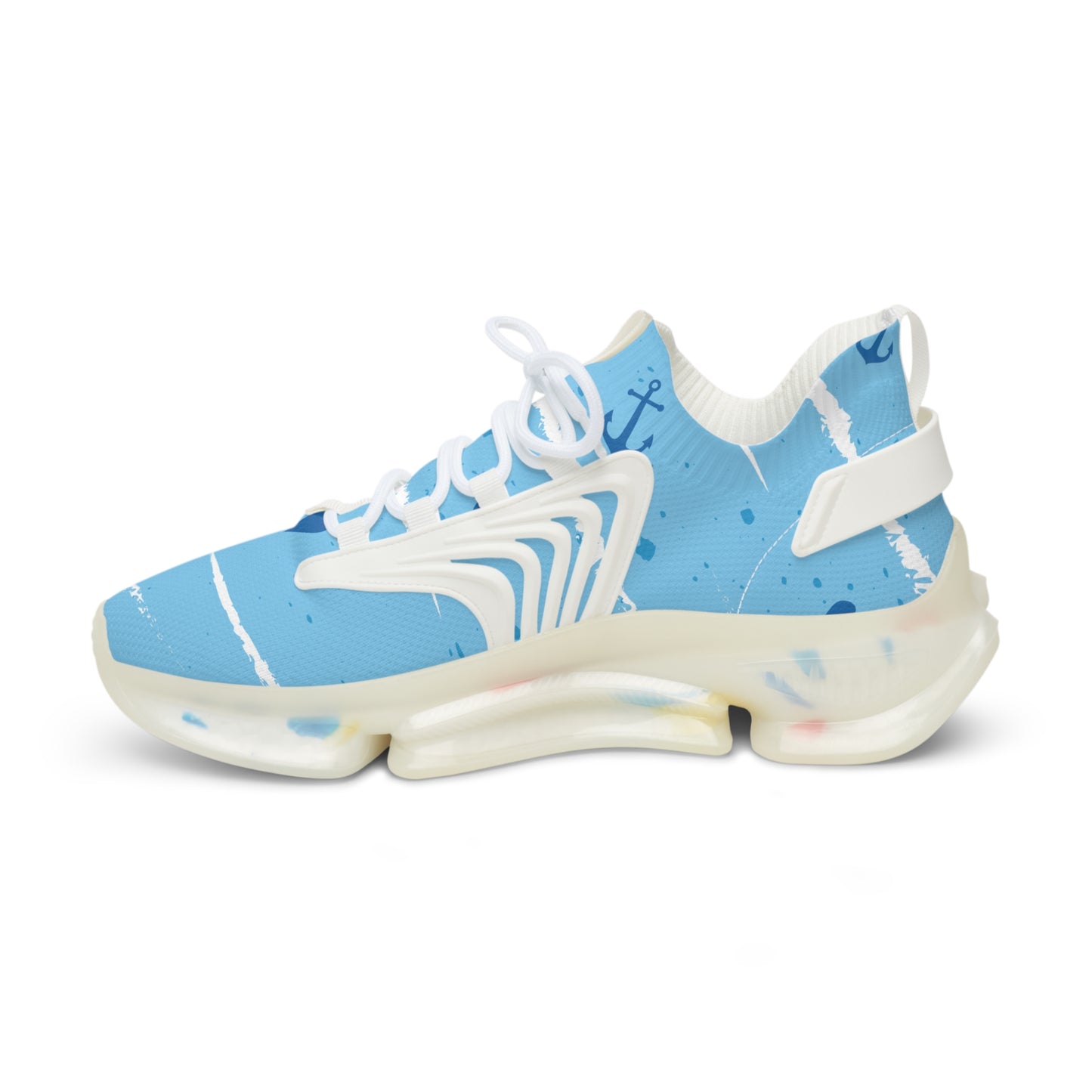 Light blue mesh sneakers with white laces; anchor graphic and thick cream sole.
