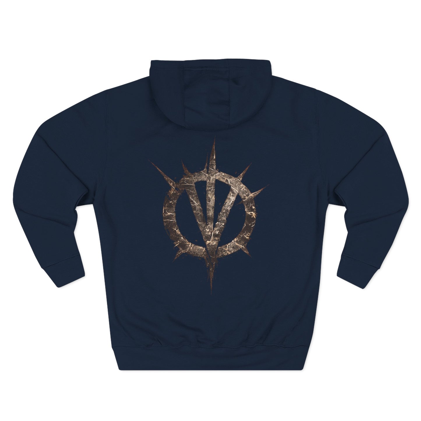 Navy unisex hoodie, back view with gold-and-red circular emblem and kangaroo pocket