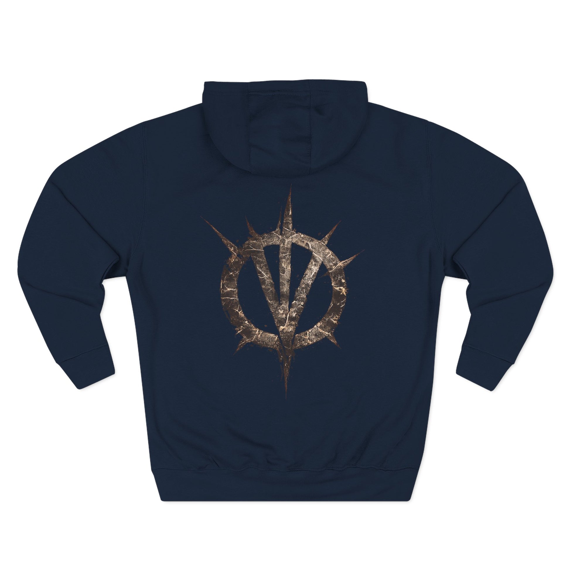 Navy unisex hoodie, back view with gold-and-red circular emblem and kangaroo pocket