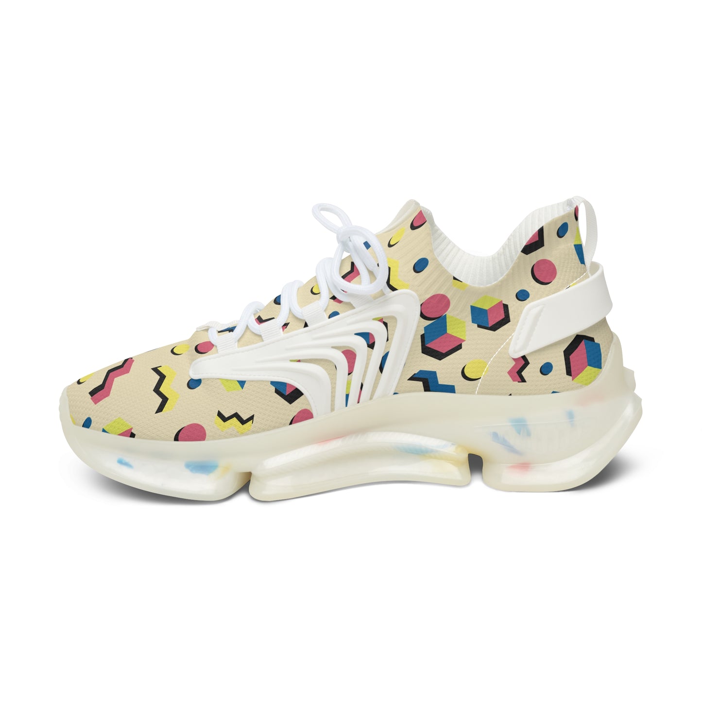 Retro geometric mesh sneakers with white laces and cushioned sole, front-side view
