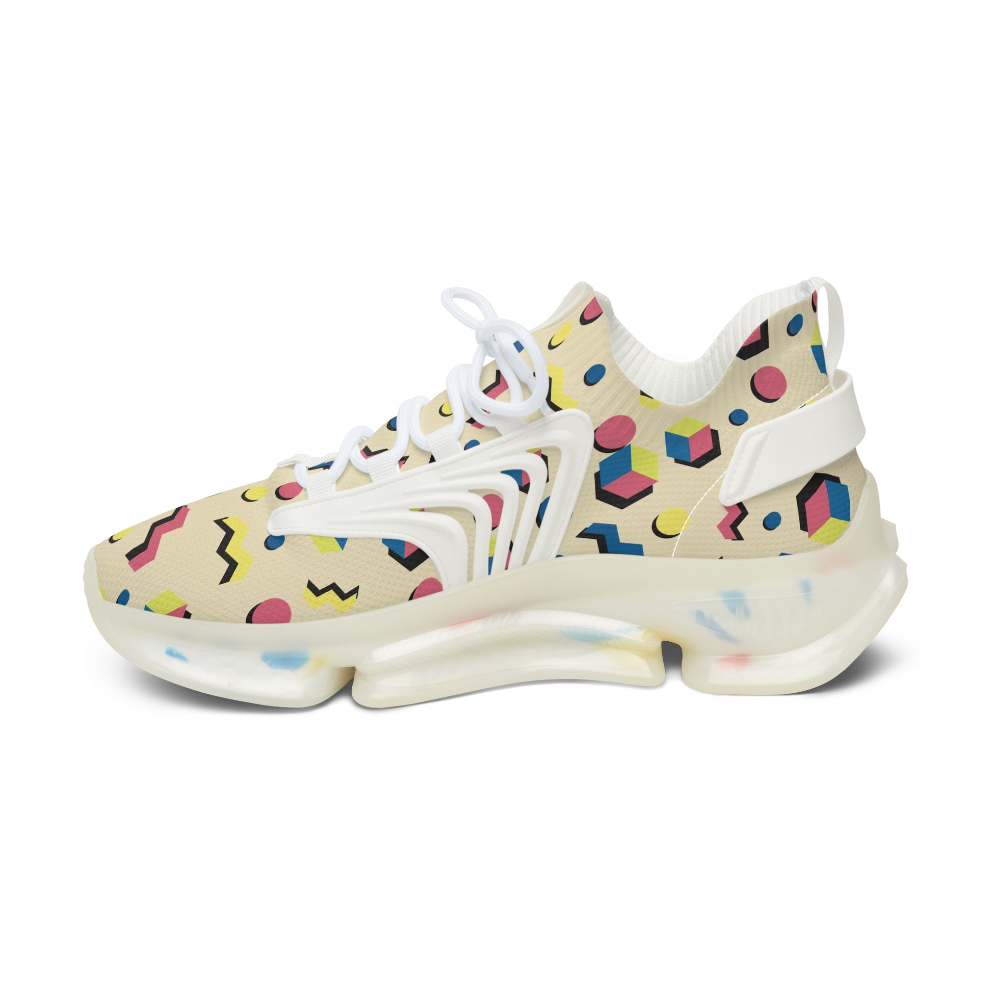 Retro geometric mesh sneakers with white laces and cushioned sole, front-side view