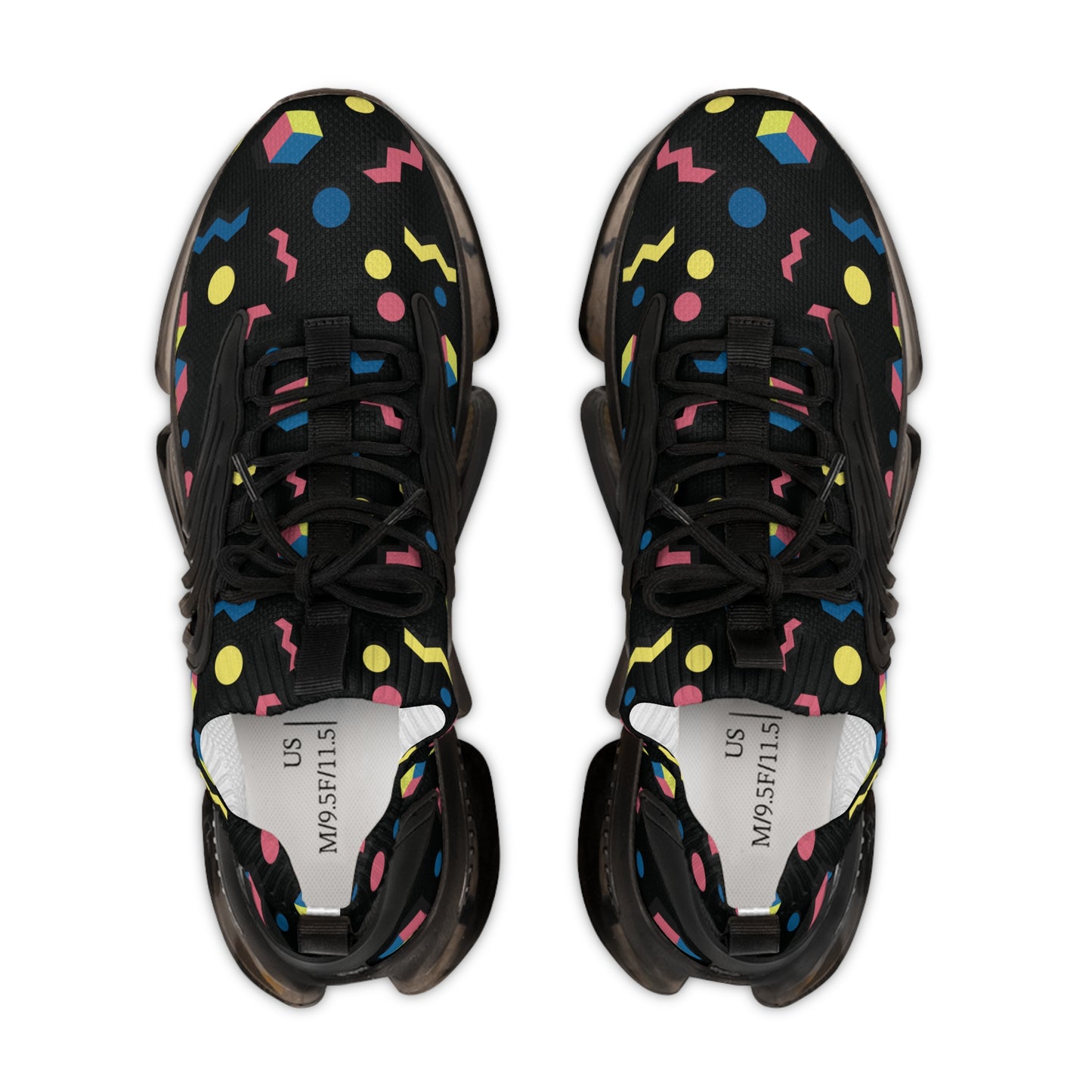 Men's retro geometric mesh sneakers, black upper with multicolor shapes and lace-up front