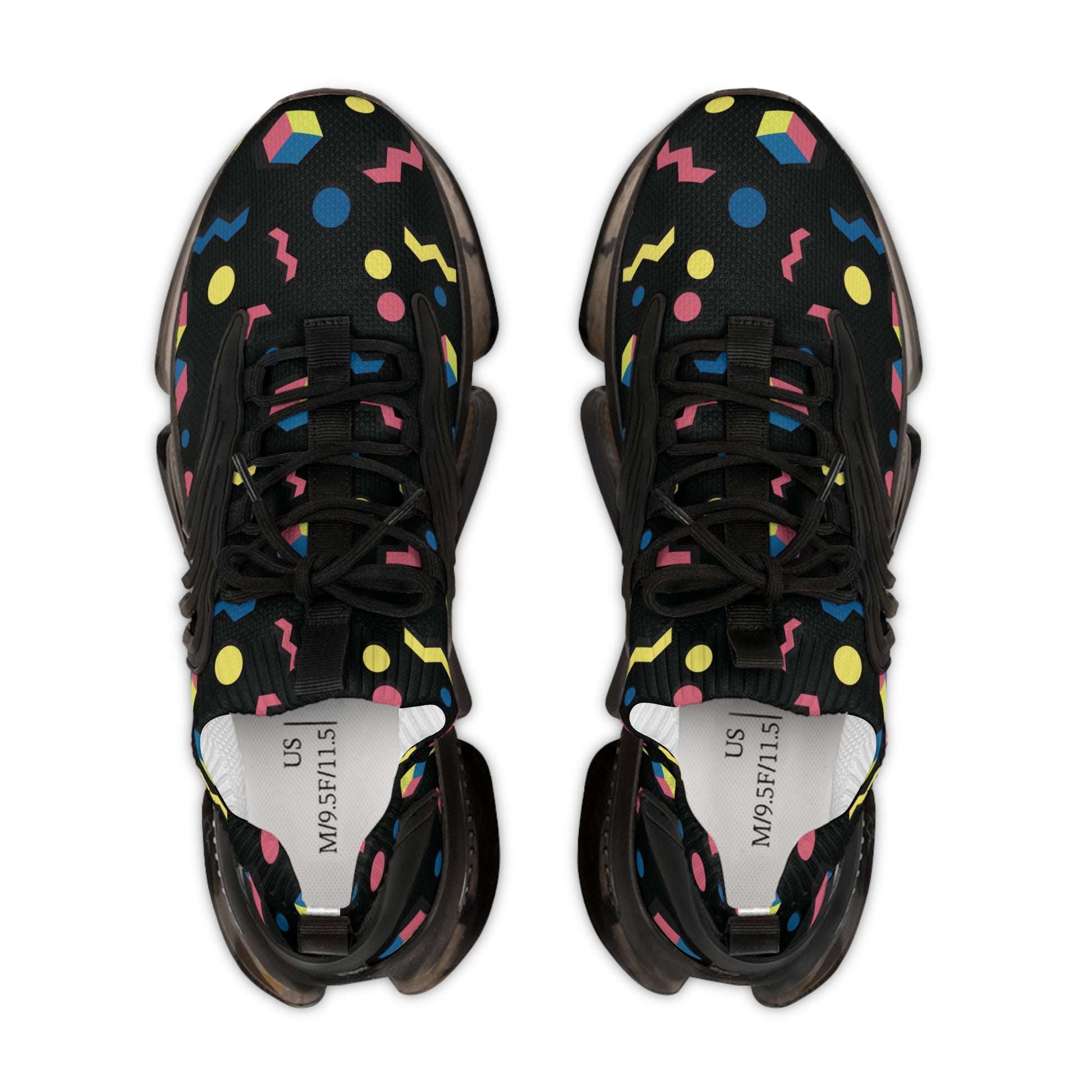 Men's retro geometric mesh sneakers, black upper with multicolor shapes and lace-up front