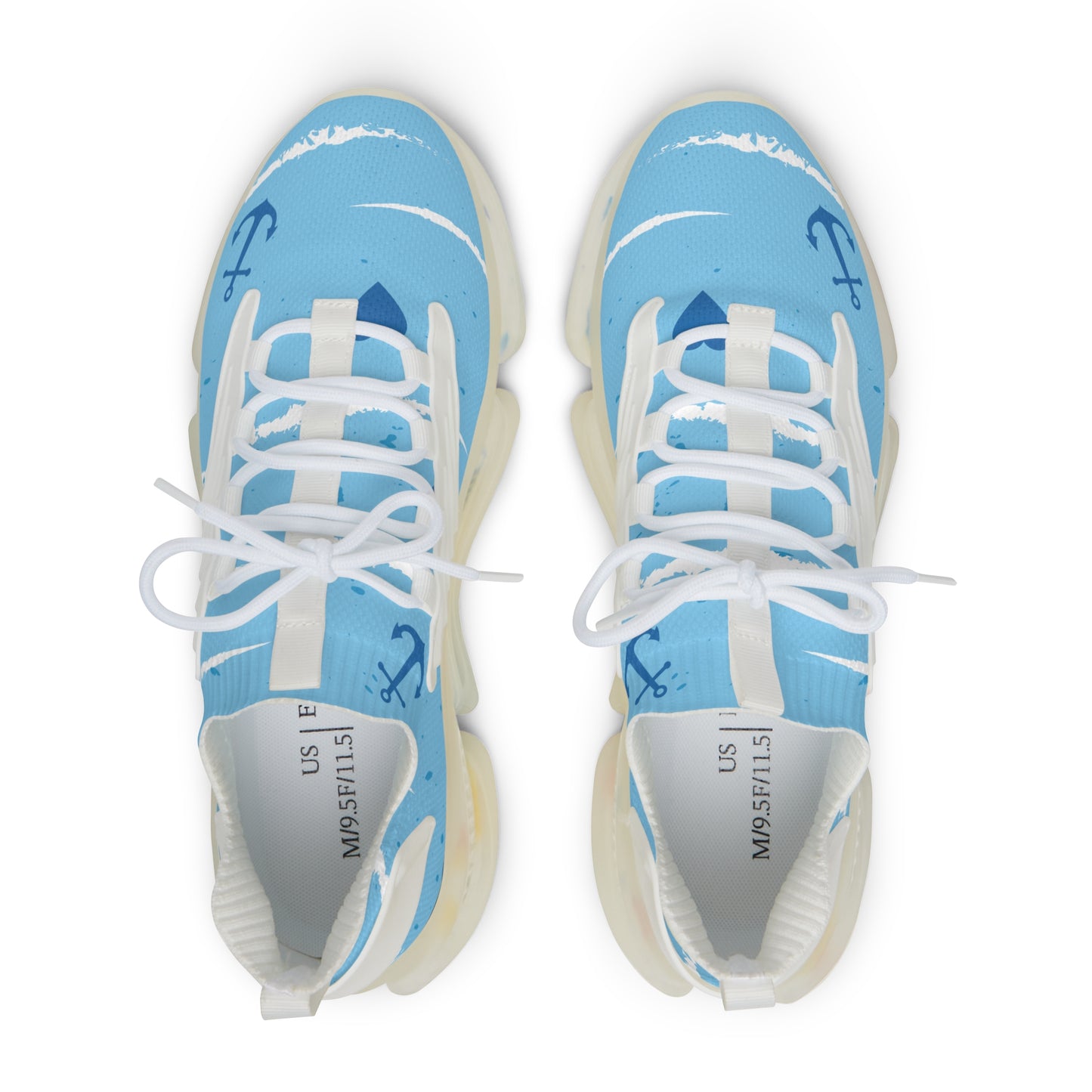 Light blue mesh sneakers with white laces and cushioned tongue; anchor pattern on upper.