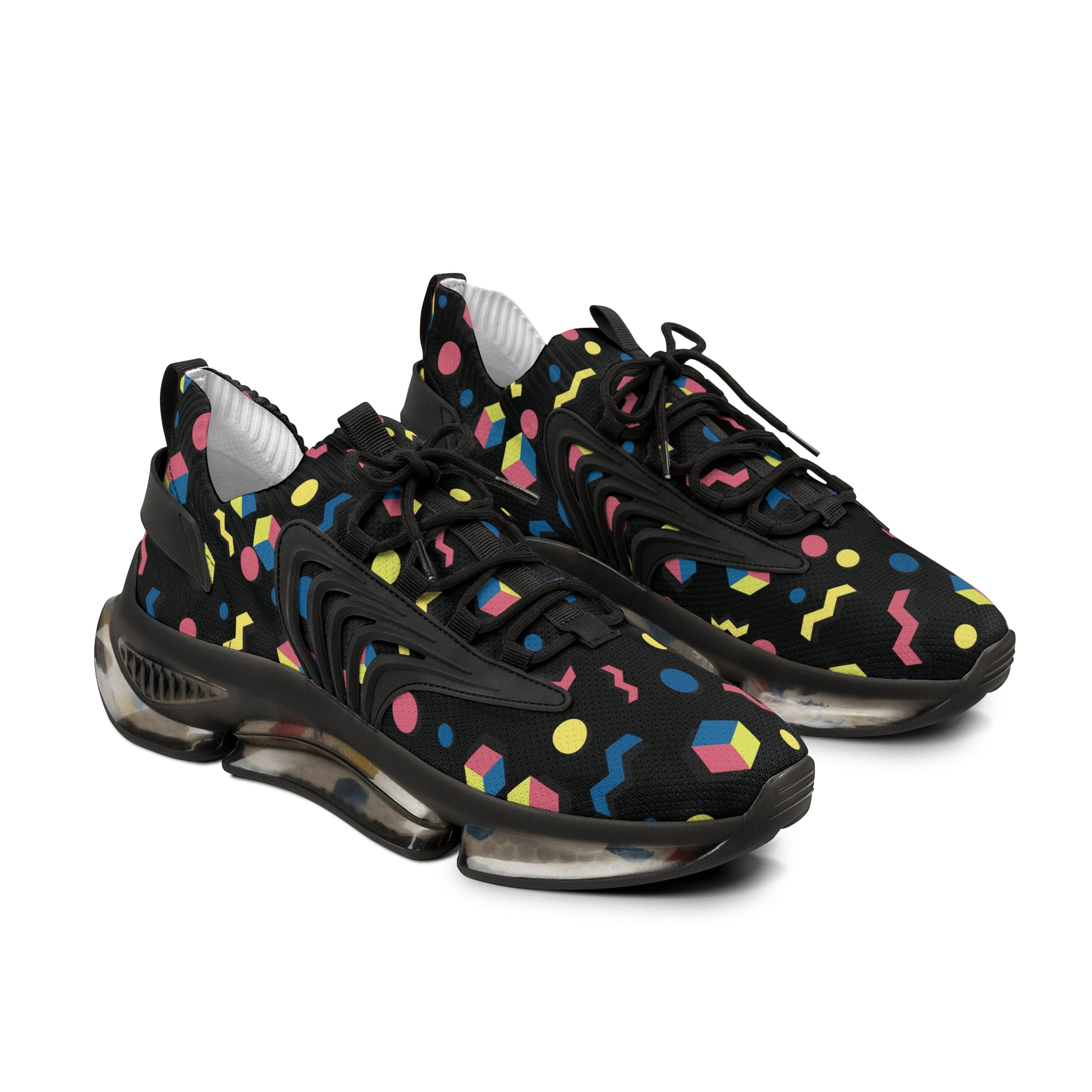 Men's retro geometric mesh sneakers, colorful Memphis design, black sole