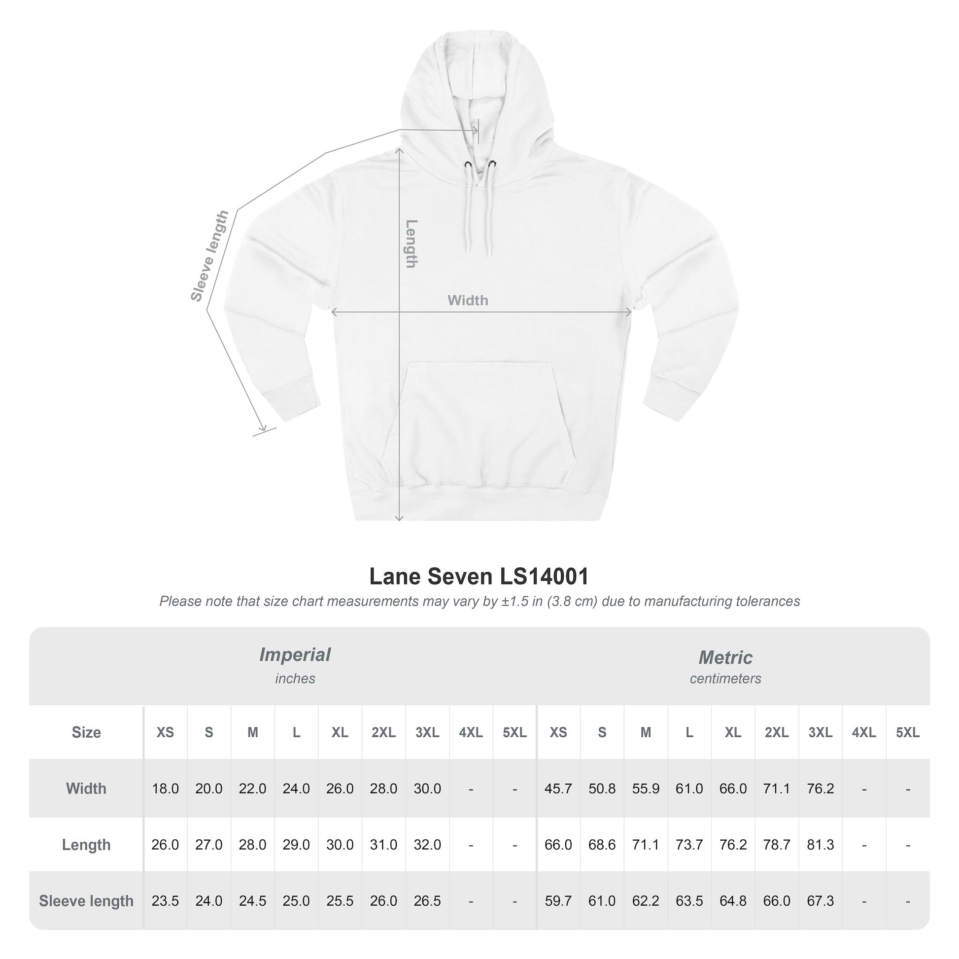 Hoodie size chart for Lane Seven LS14001, includes width, length, sleeve length table