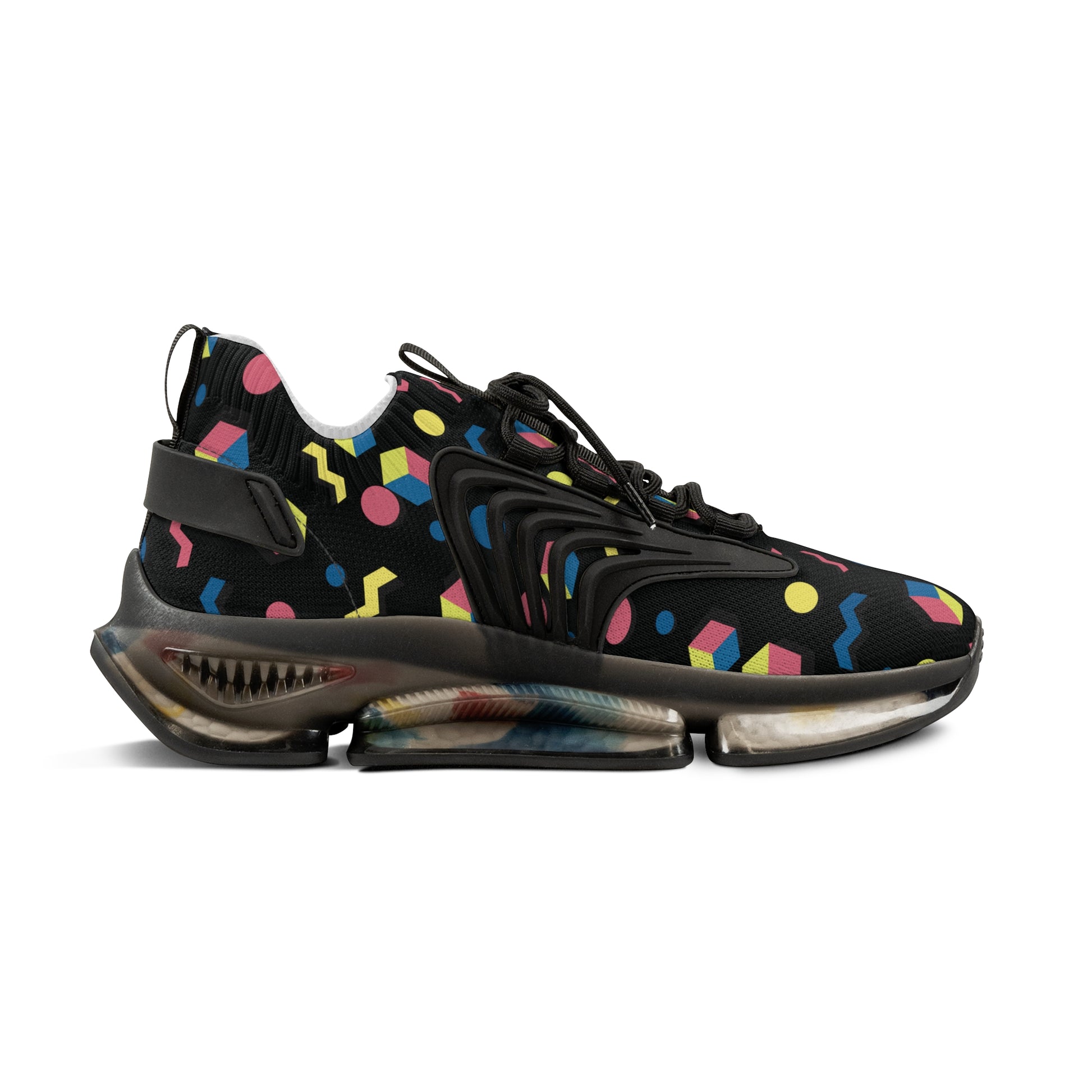 Men's retro geometric mesh sneakers with colorful Memphis pattern, black sole