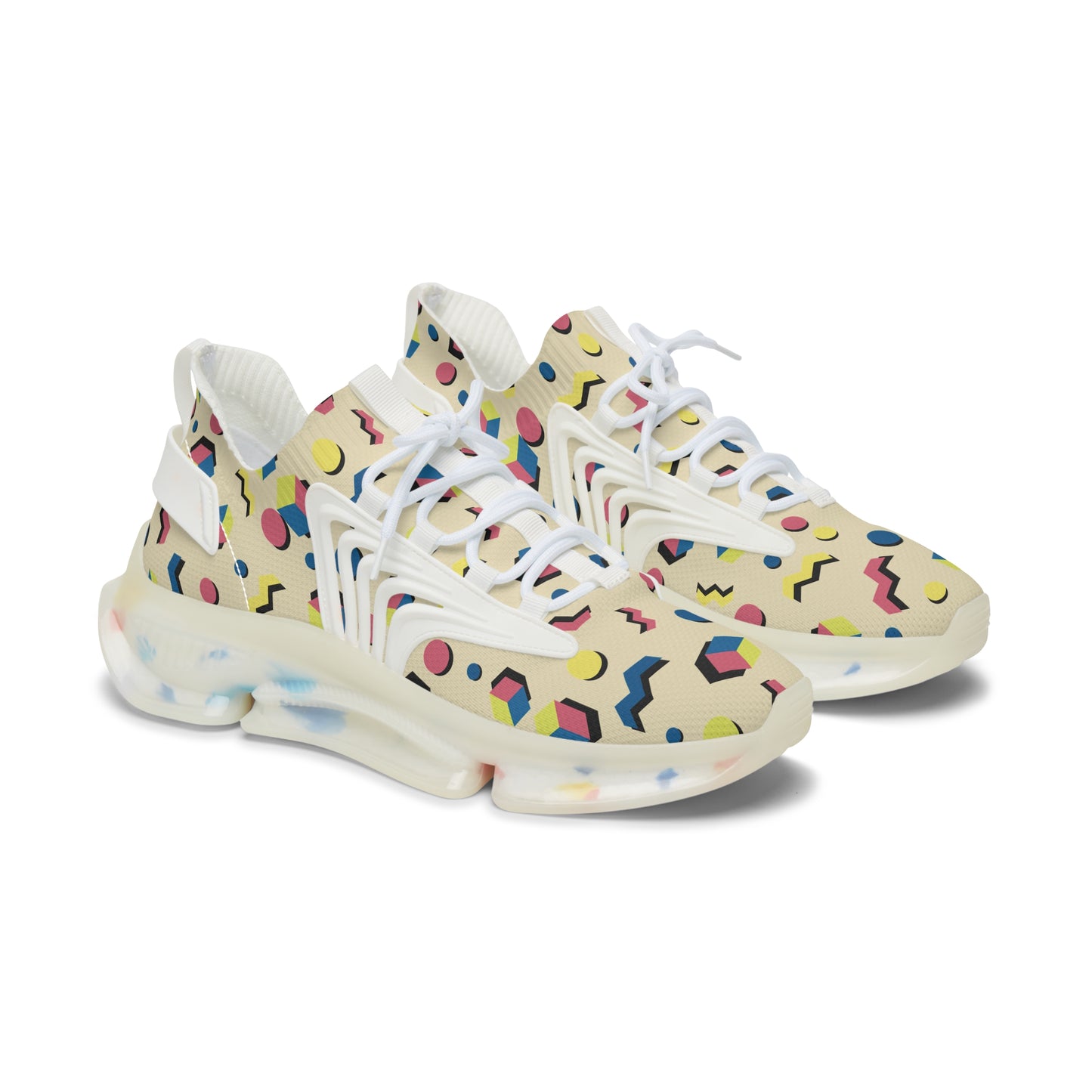 Women's white mesh sneakers with colorful geometric pattern, lace-up chunky sole